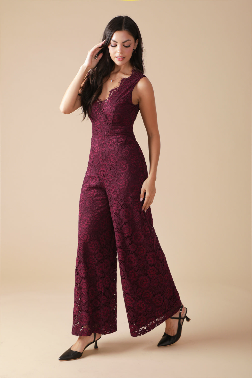 Feathered Thoughts Woven Lace Jumpsuit With V Neck Back Zip Closure And Wide Leg Flying Tomato