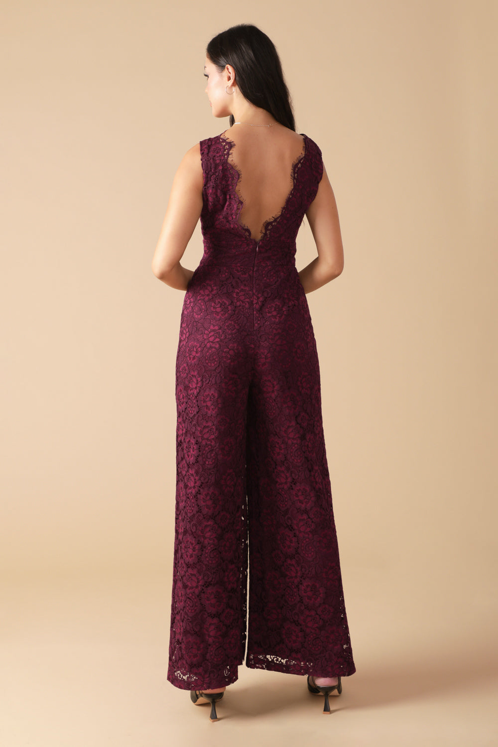 Feathered Thoughts Woven Lace Jumpsuit With V Neck Back Zip Closure And Wide Leg Flying Tomato