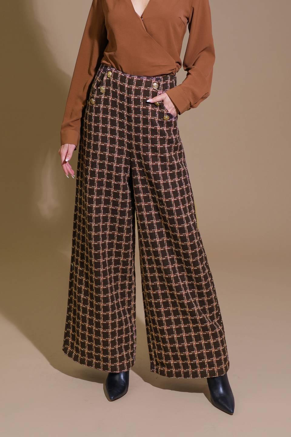 Flying Tomato SHOW YOU OFF TWEED PANTS, full length view showcasing the sophisticated texture and tailored fit. Perfect for a