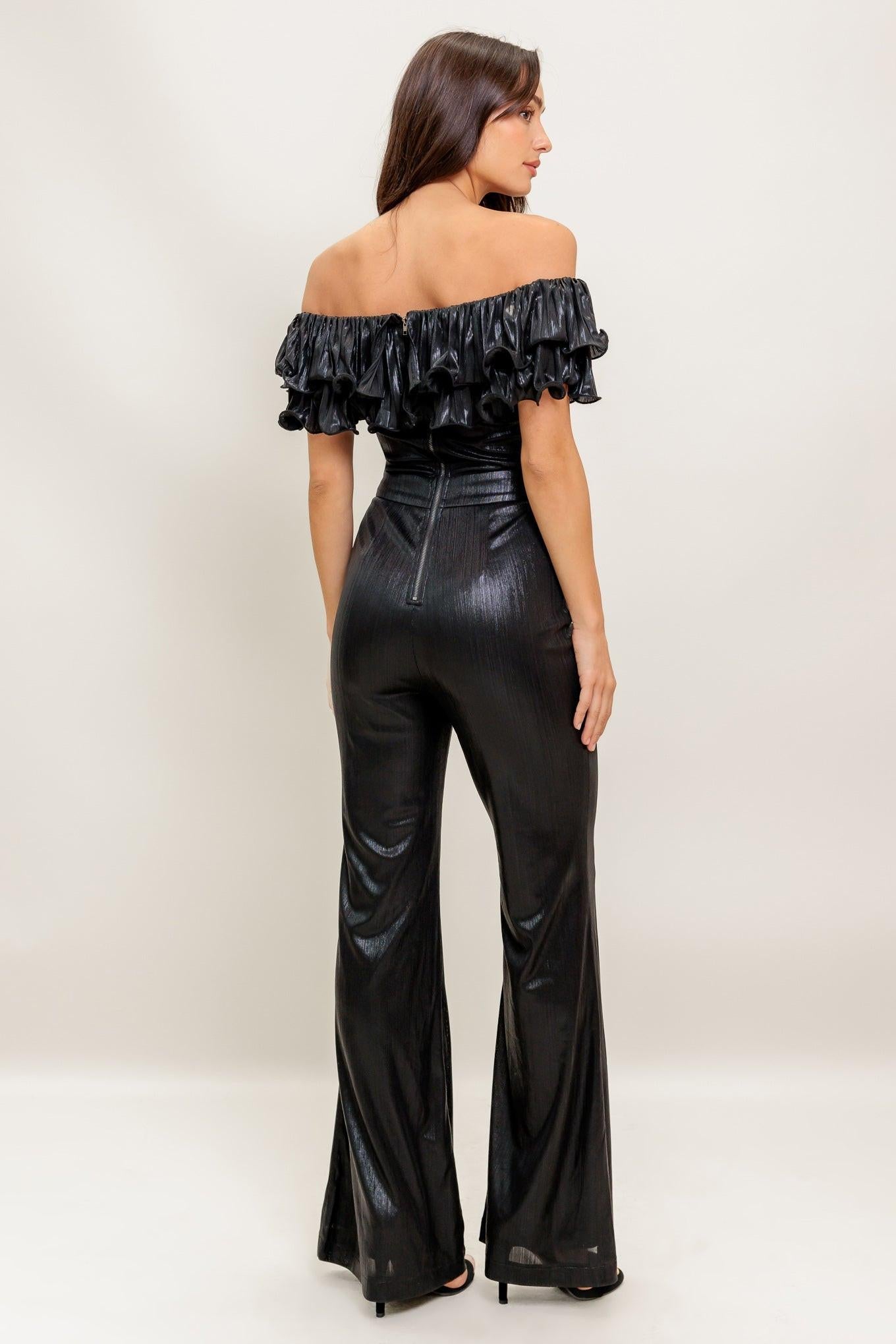 Flying Tomato ANGEL EYES COATED WOVEN JUMPSUIT, presented as a complete, stylish outfit for the discerning online shopper.