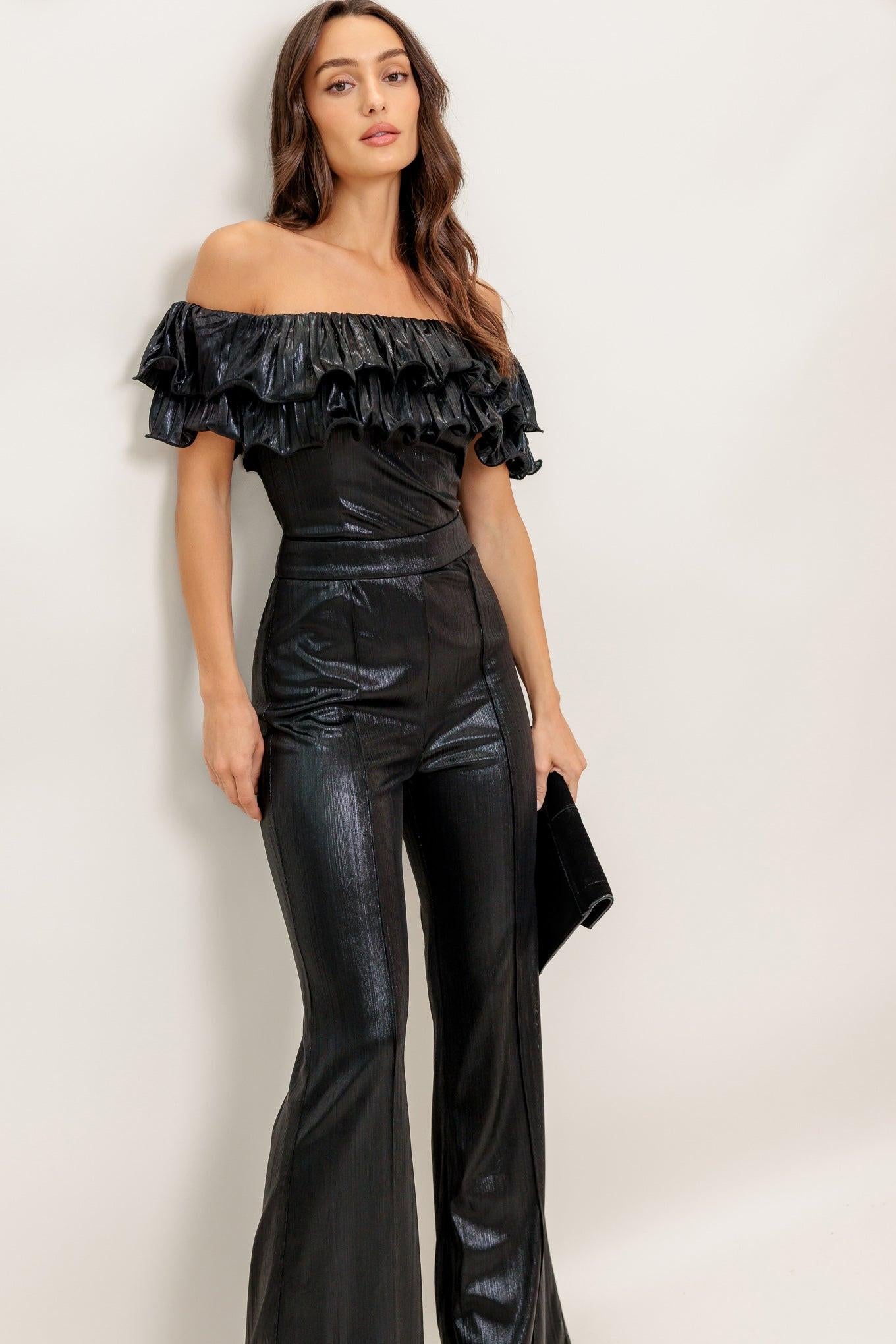 Flying Tomato ANGEL EYES COATED WOVEN JUMPSUIT, a chic and modern women's fashion piece. This stylish jumpsuit offers a sophi