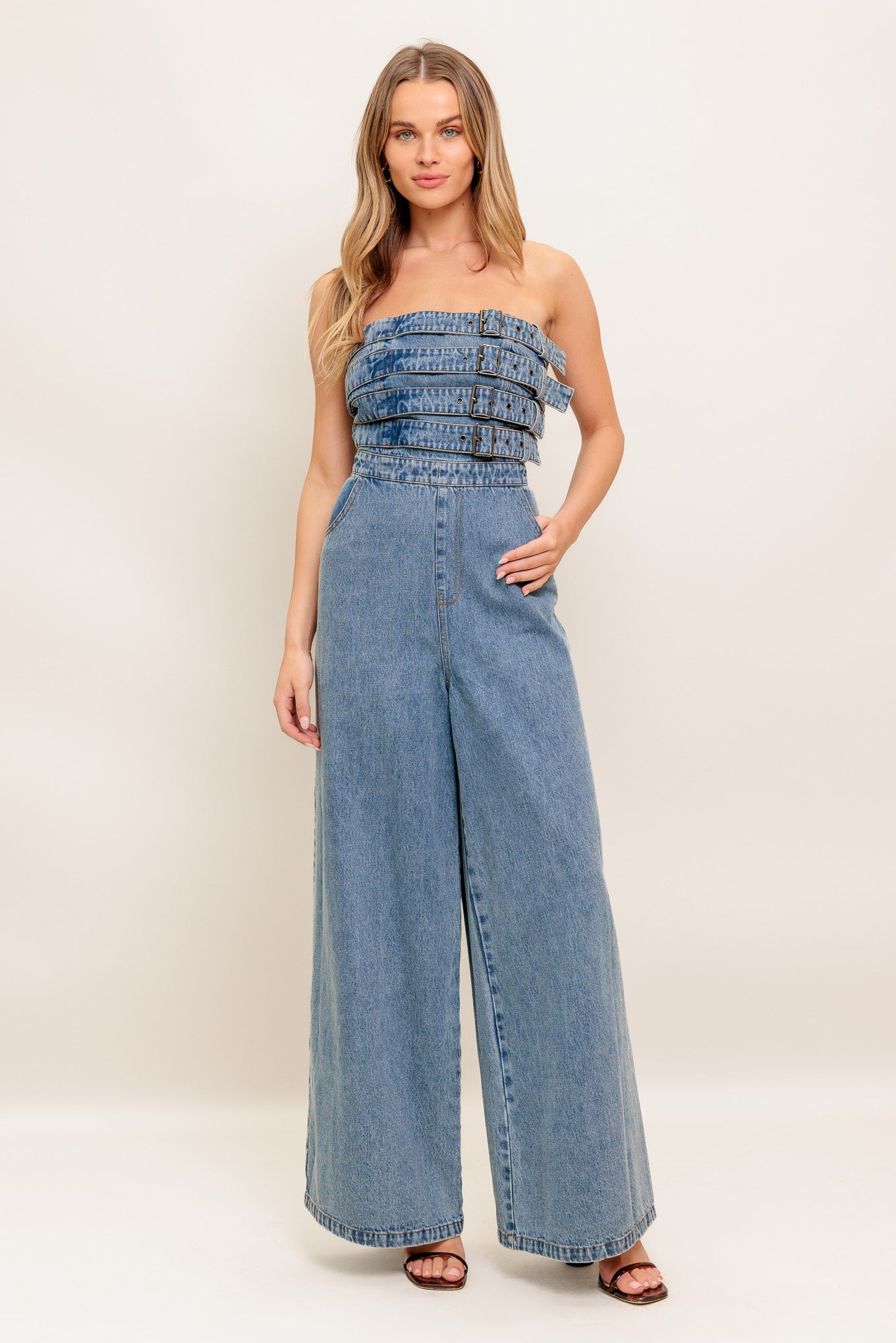 Urban Harness Strapless Denim Jumpsuit With Front Buckles