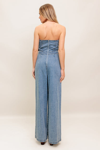 Urban Harness Strapless Denim Jumpsuit With Front Buckles