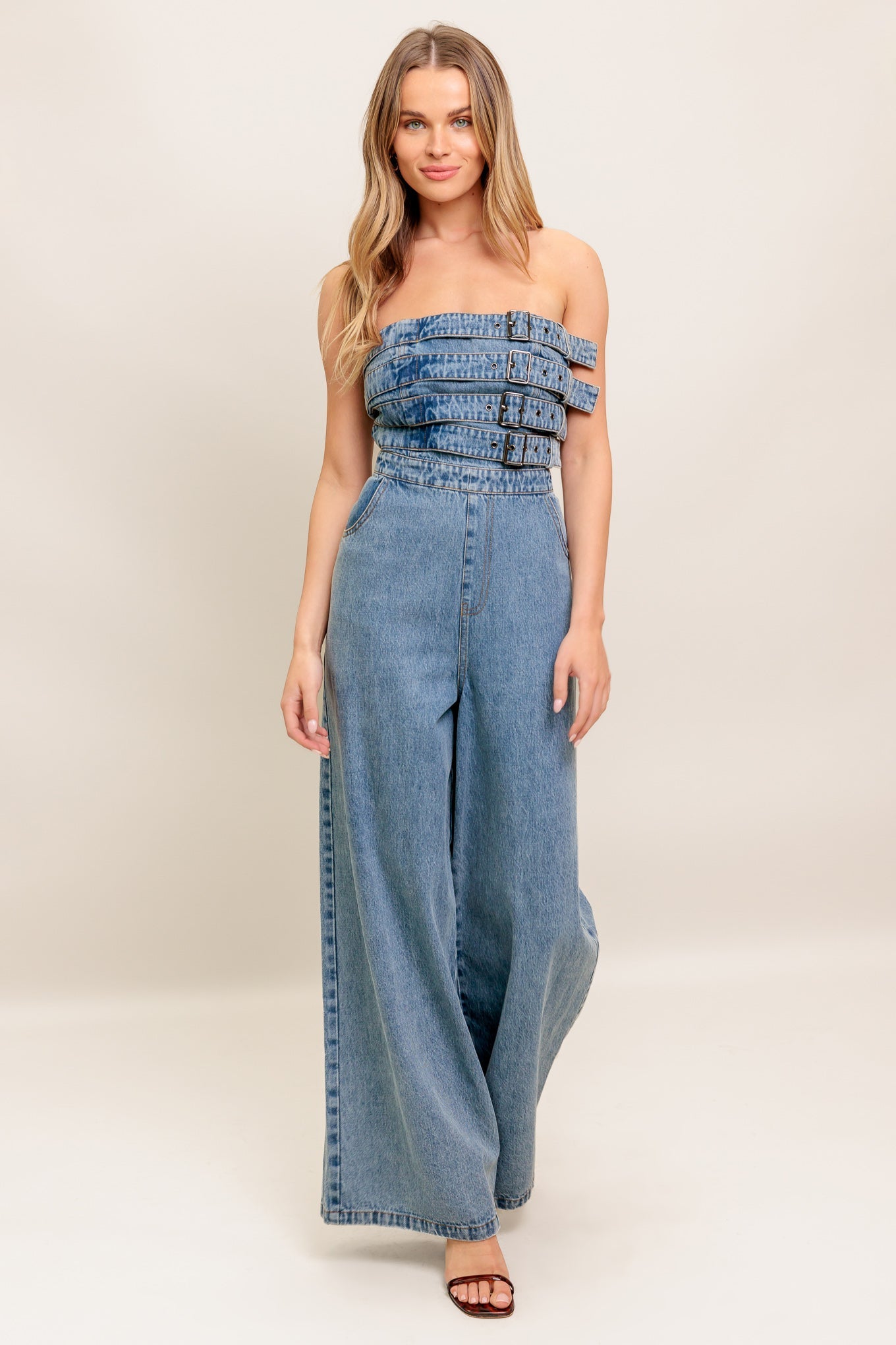 Urban Harness Strapless Denim Jumpsuit With Front Buckles