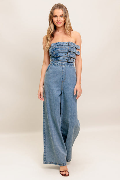 Urban Harness Strapless Denim Jumpsuit With Front Buckles
