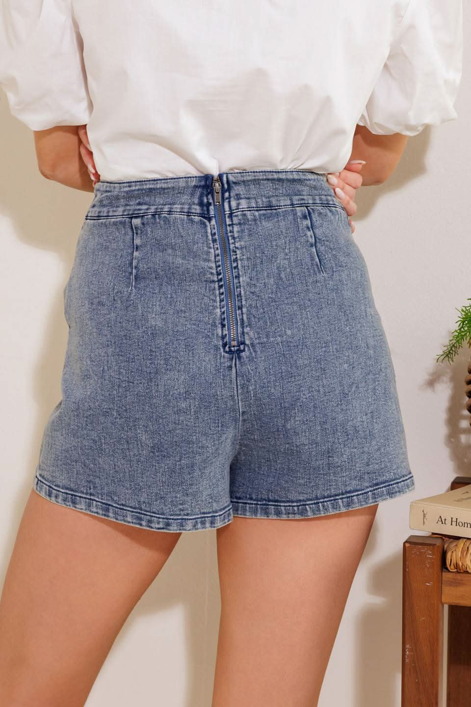 ACID WASHED DENIM SKORT WITH BUTTON DETAIL