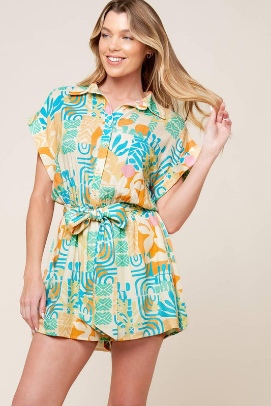 Flying Tomato Something Special Woven Romper, showcasing its elegant design and natural woven fabric. A versatile women's fas