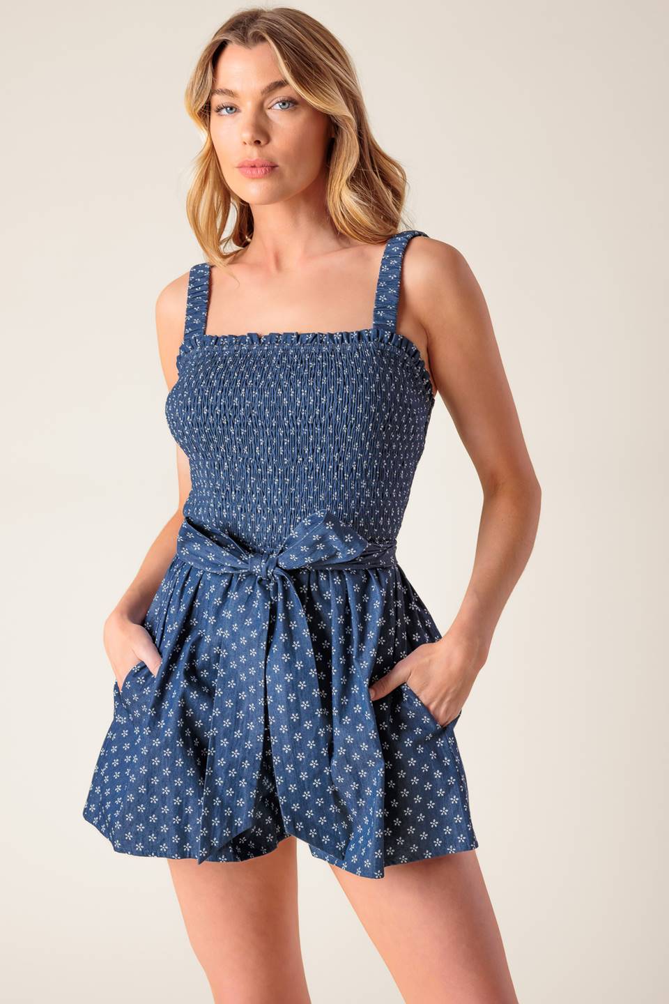 Full Focus Denim Woven Romper With Smocked Bodice