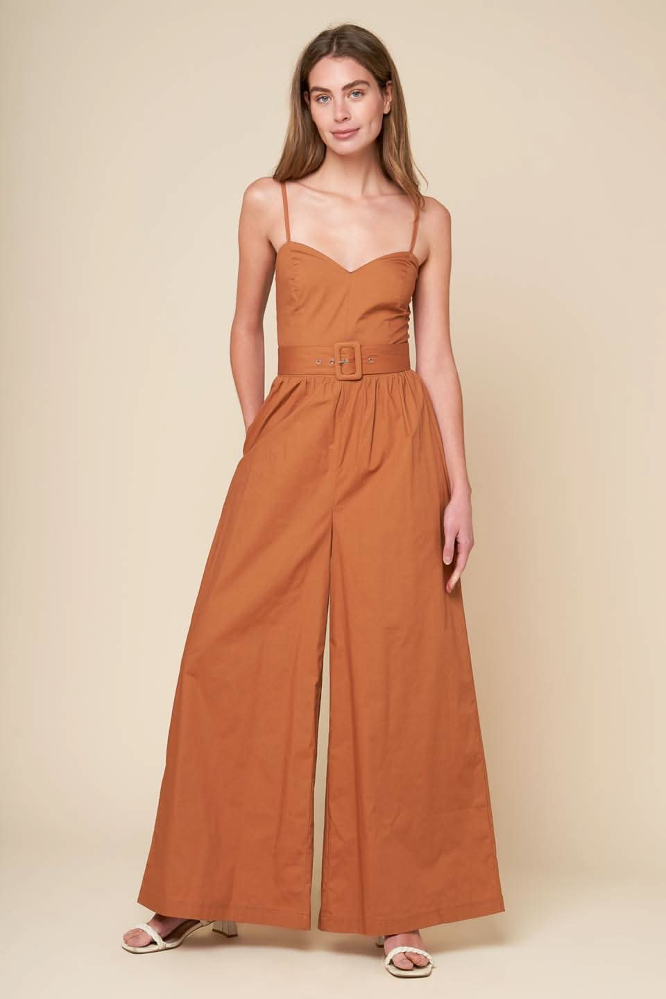 WOVEN CAMI JUMPSUIT WITH SELF BELT AND SMOCKED BACK