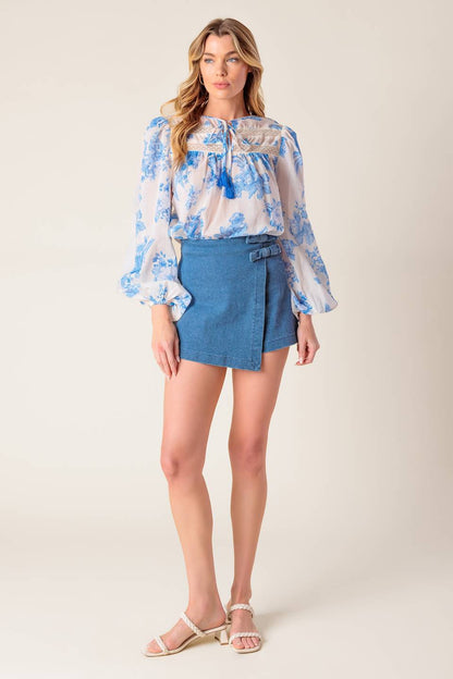 Distant Echoes Denim Skort with Bow Detail and Zipper