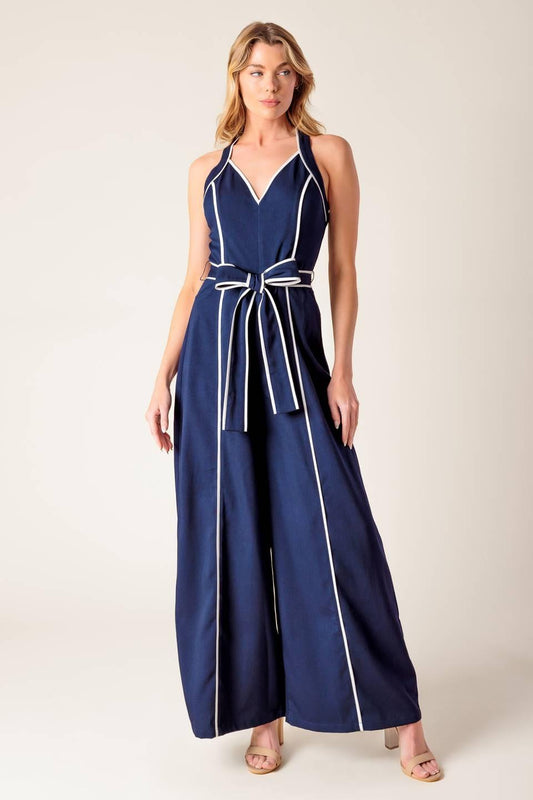 Flying Tomato Layton Navy Woven Jumpsuit, showcasing its elegant full-length design and quality woven fabric.