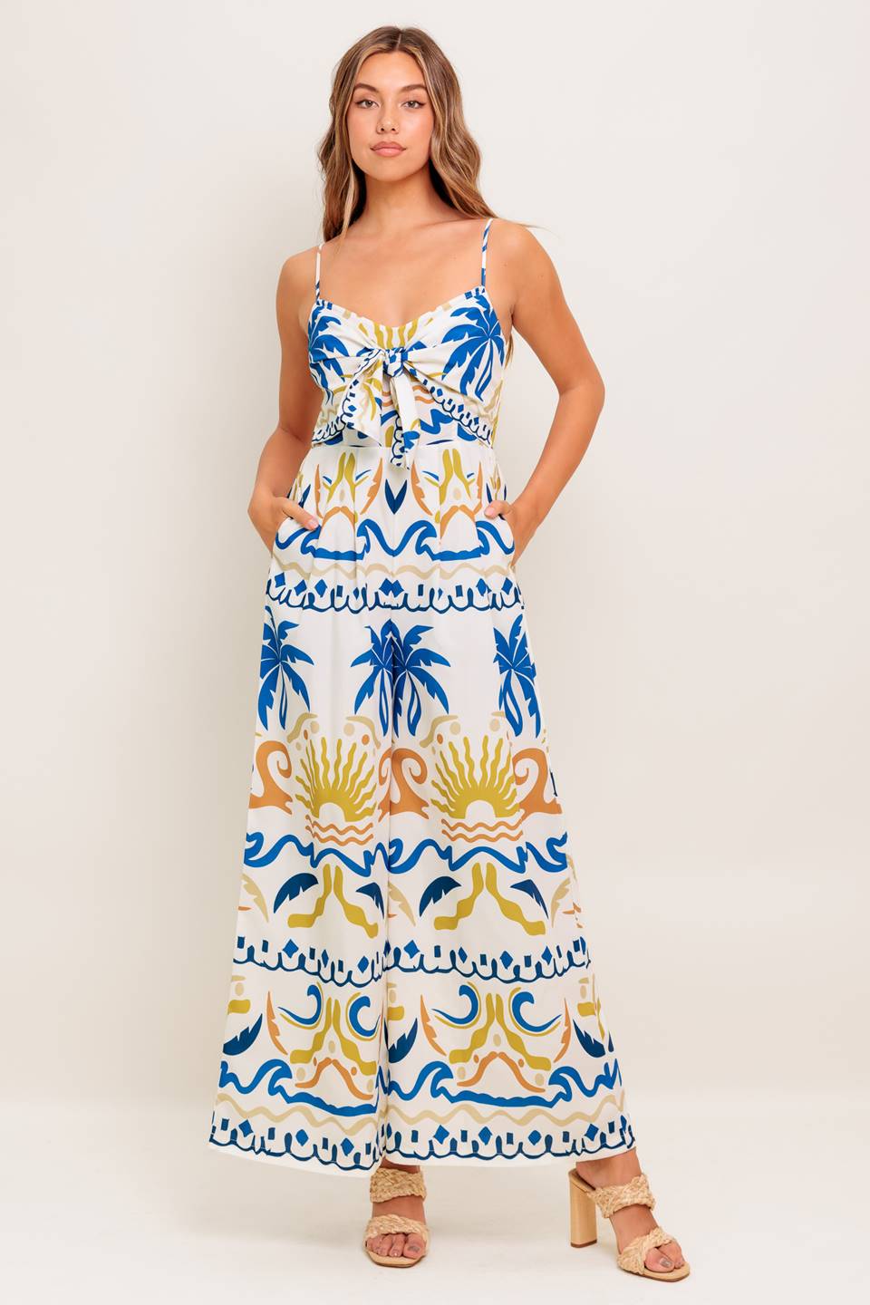 VACAY GLOW IVORY BLUE WOVEN JUMPSUIT Flying Tomato