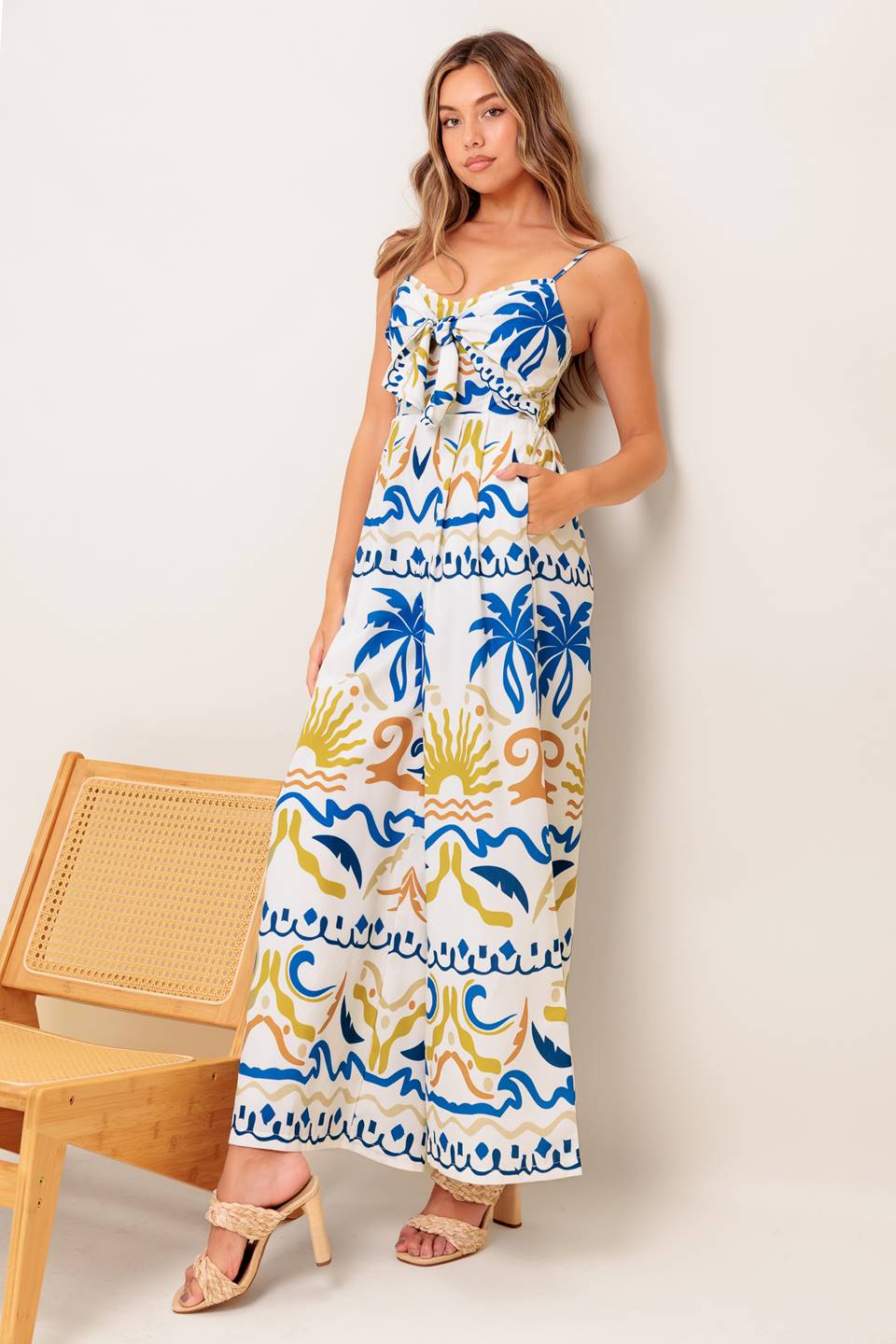 VACAY GLOW IVORY BLUE WOVEN JUMPSUIT Flying Tomato