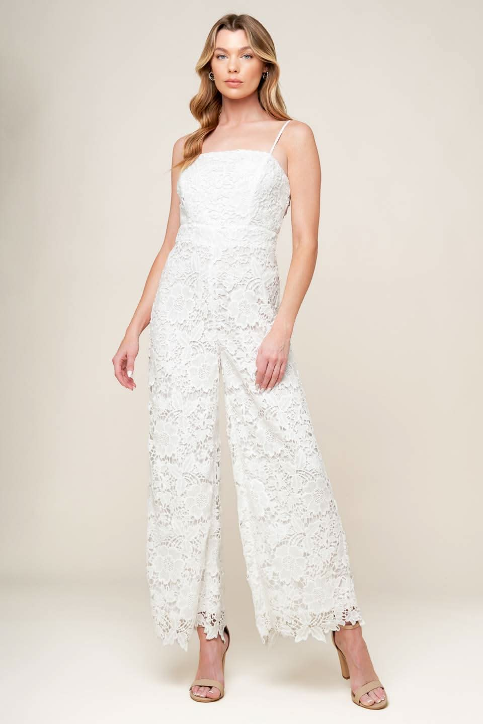 Just Enough Off White Woven Lace Jumpsuit for Women