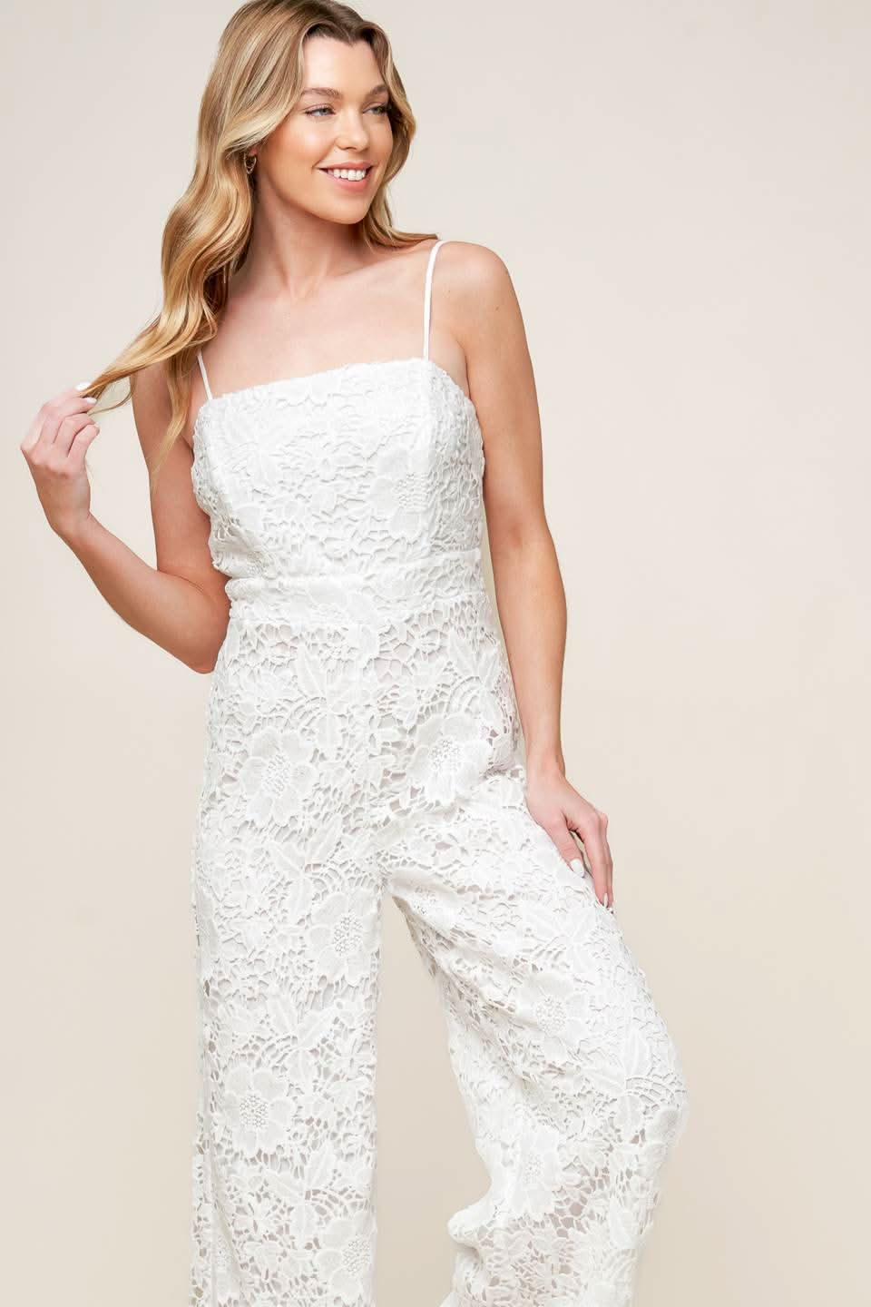 Just Enough Off White Woven Lace Jumpsuit for Women