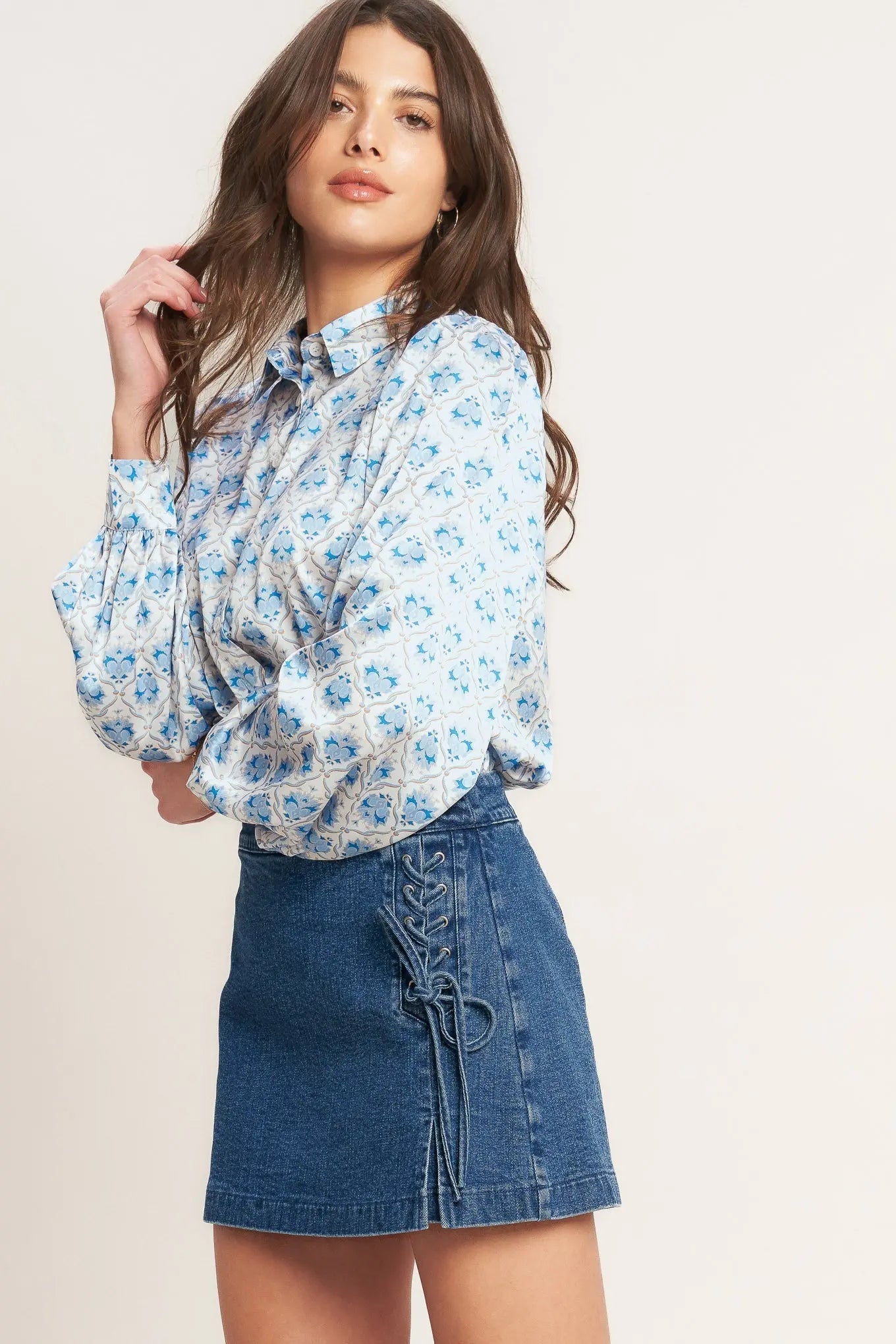 City Denim Skort With Side Lace Up And Zipper Closure Flying Tomato