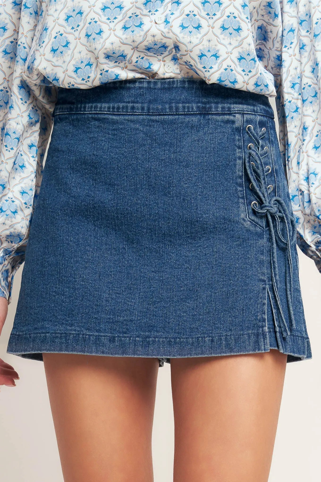 City Denim Skort With Side Lace Up And Zipper Closure Flying Tomato