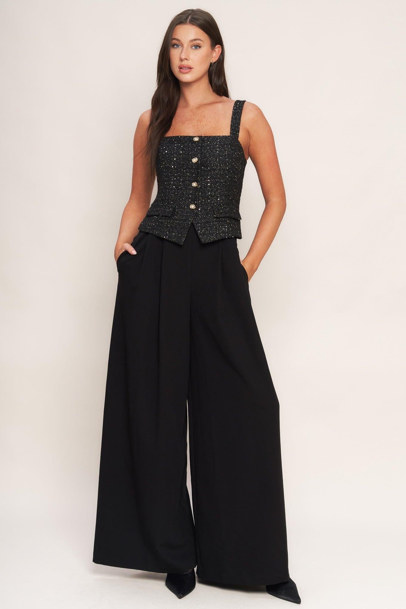 Flying Tomato Midnight Parisienne Woven Jumpsuit, full view, dark elegant design for quality shoppers.