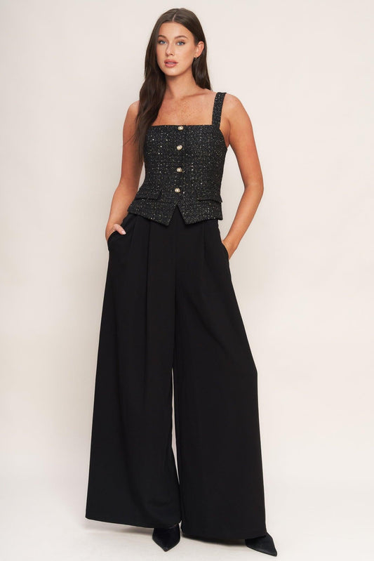 Flying Tomato Midnight Parisienne Woven Jumpsuit, full view, dark elegant design for quality shoppers.