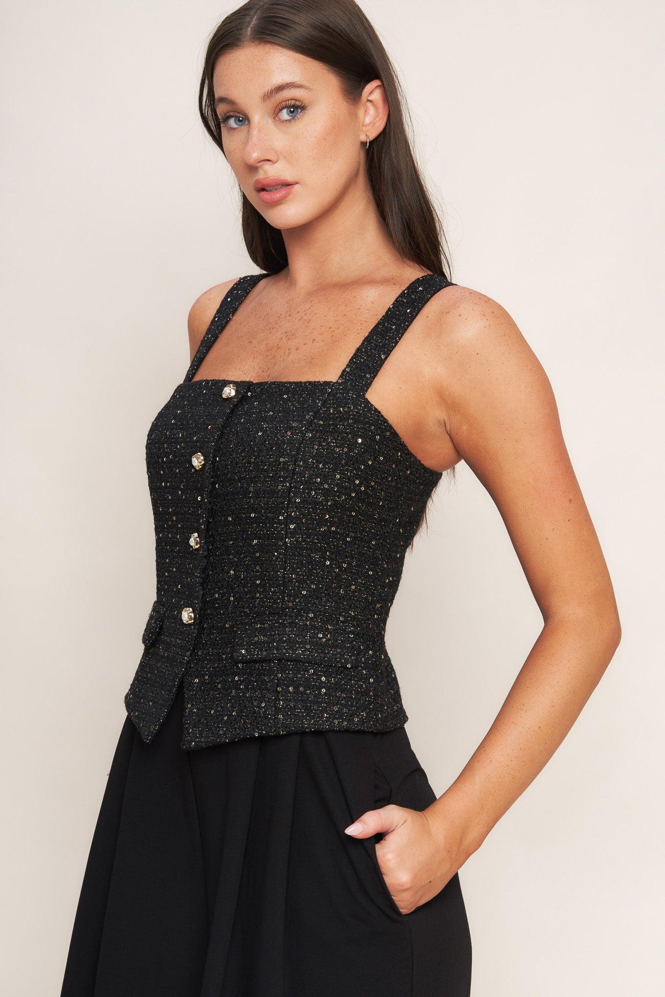 Model wearing Flying Tomato Midnight Parisienne Woven Jumpsuit, demonstrating its comfortable fit and style.