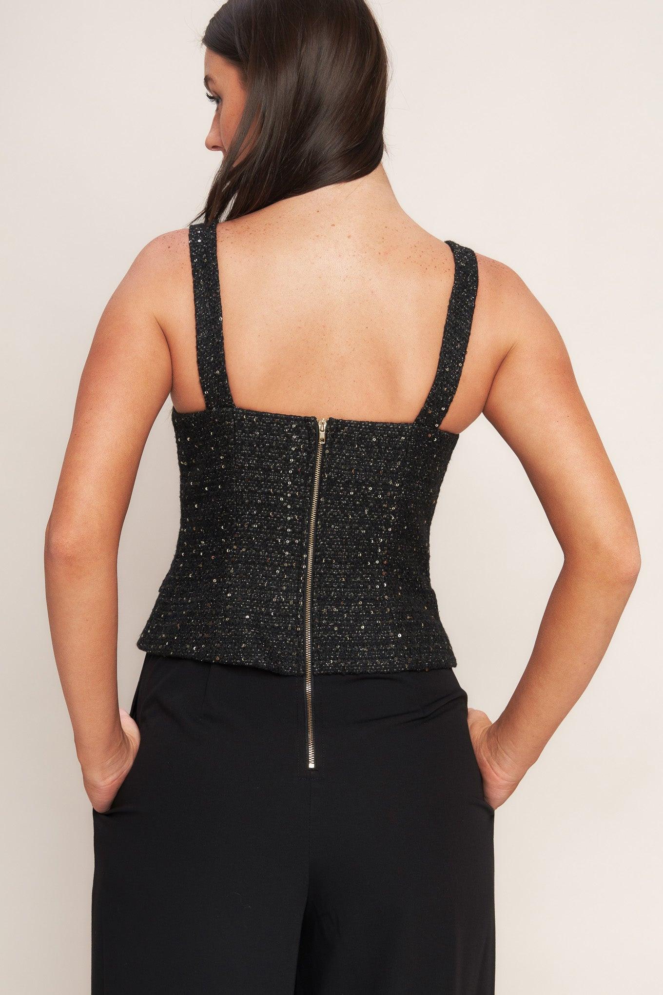 Detail shot of the bodice and neckline of the Flying Tomato Midnight Parisienne Woven Jumpsuit, refined look.
