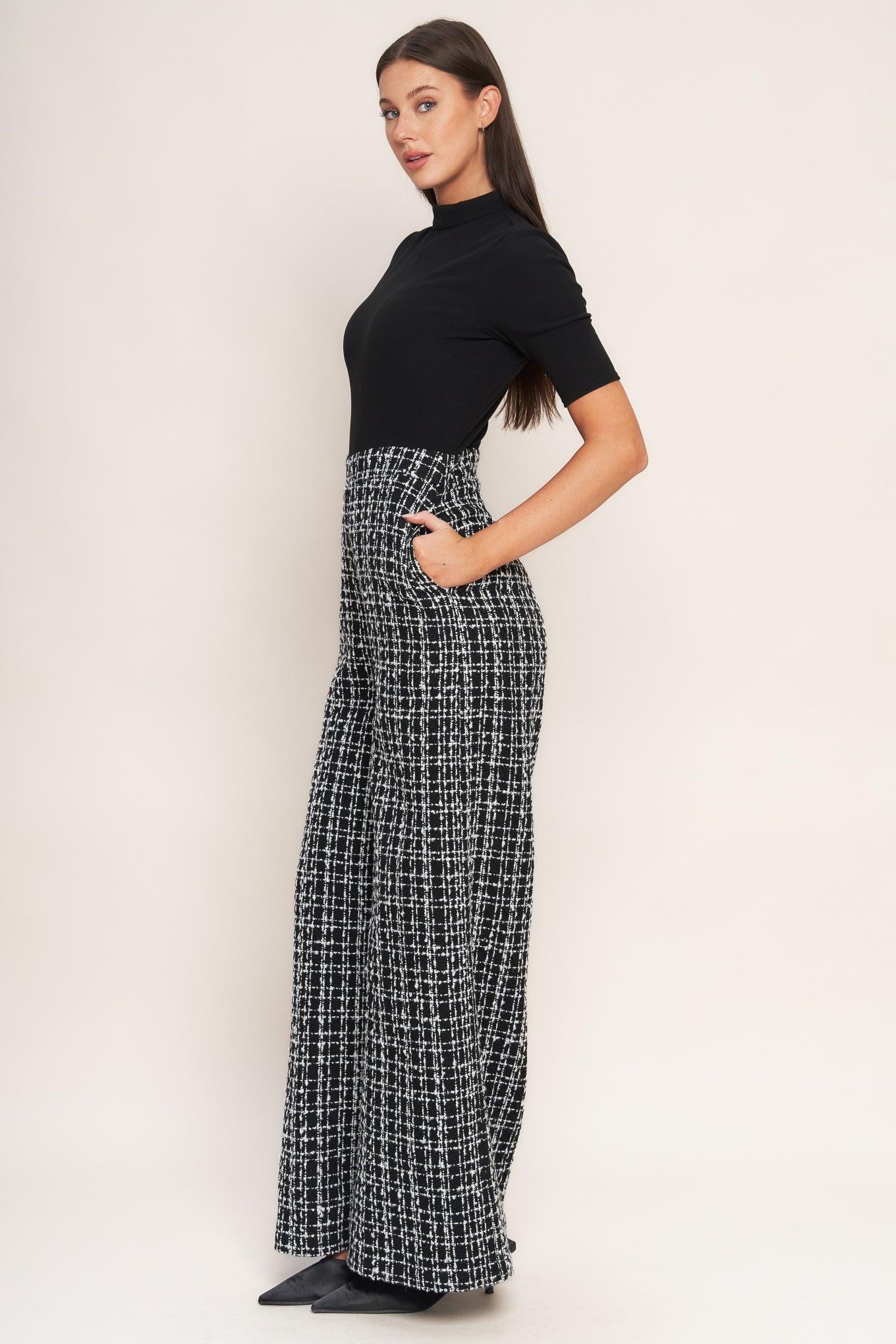 Flying Tomato ÉCHEC PARISIEN jumpsuit, showcasing its elegant silhouette and quality knit and tweed fabrics.