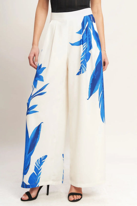 Asymmetrical Botanical Woven Pants With Wide Leg Front Pleat Side Zip Closure Flying Tomato