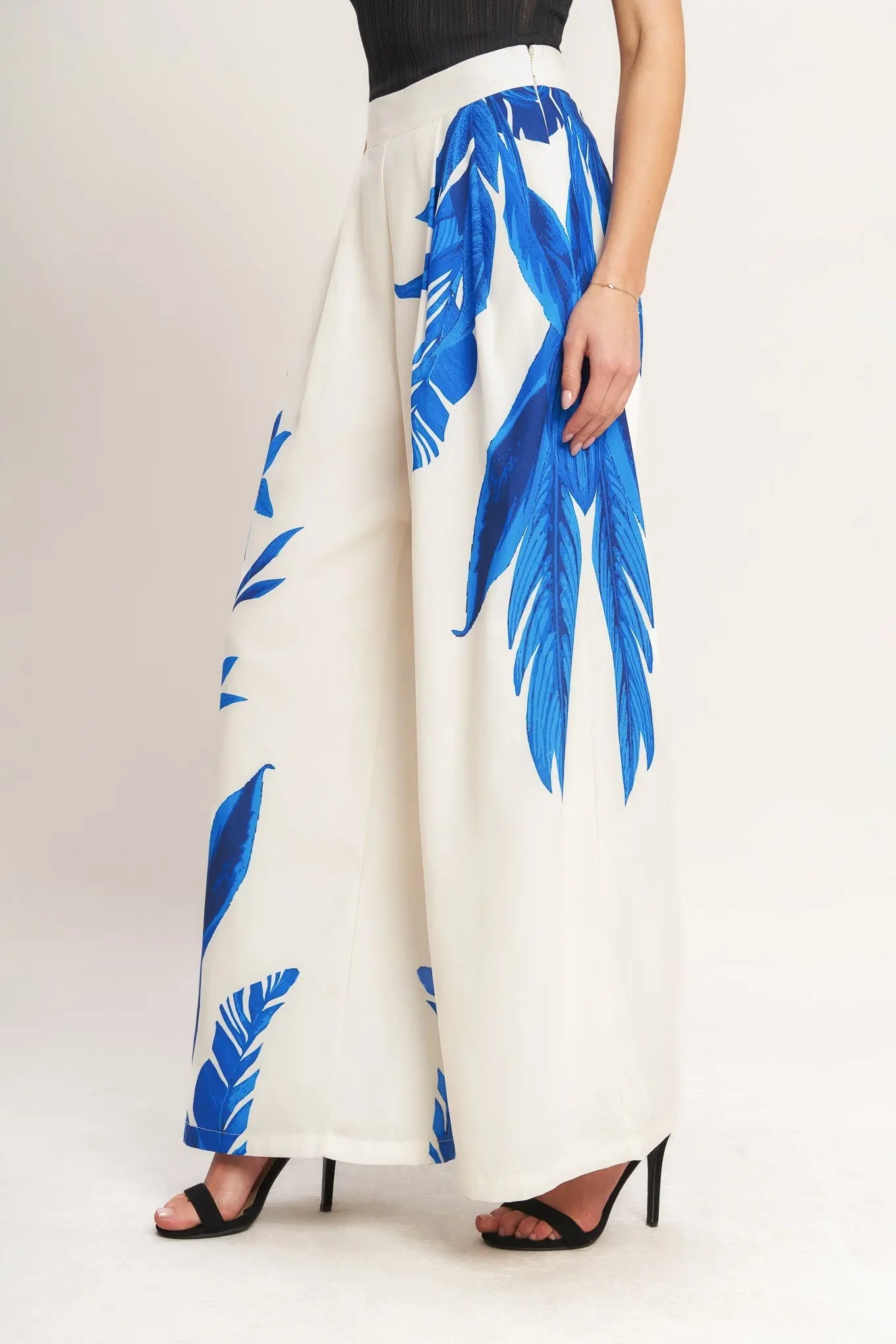 Asymmetrical Botanical Woven Pants With Wide Leg Front Pleat Side Zip Closure Flying Tomato