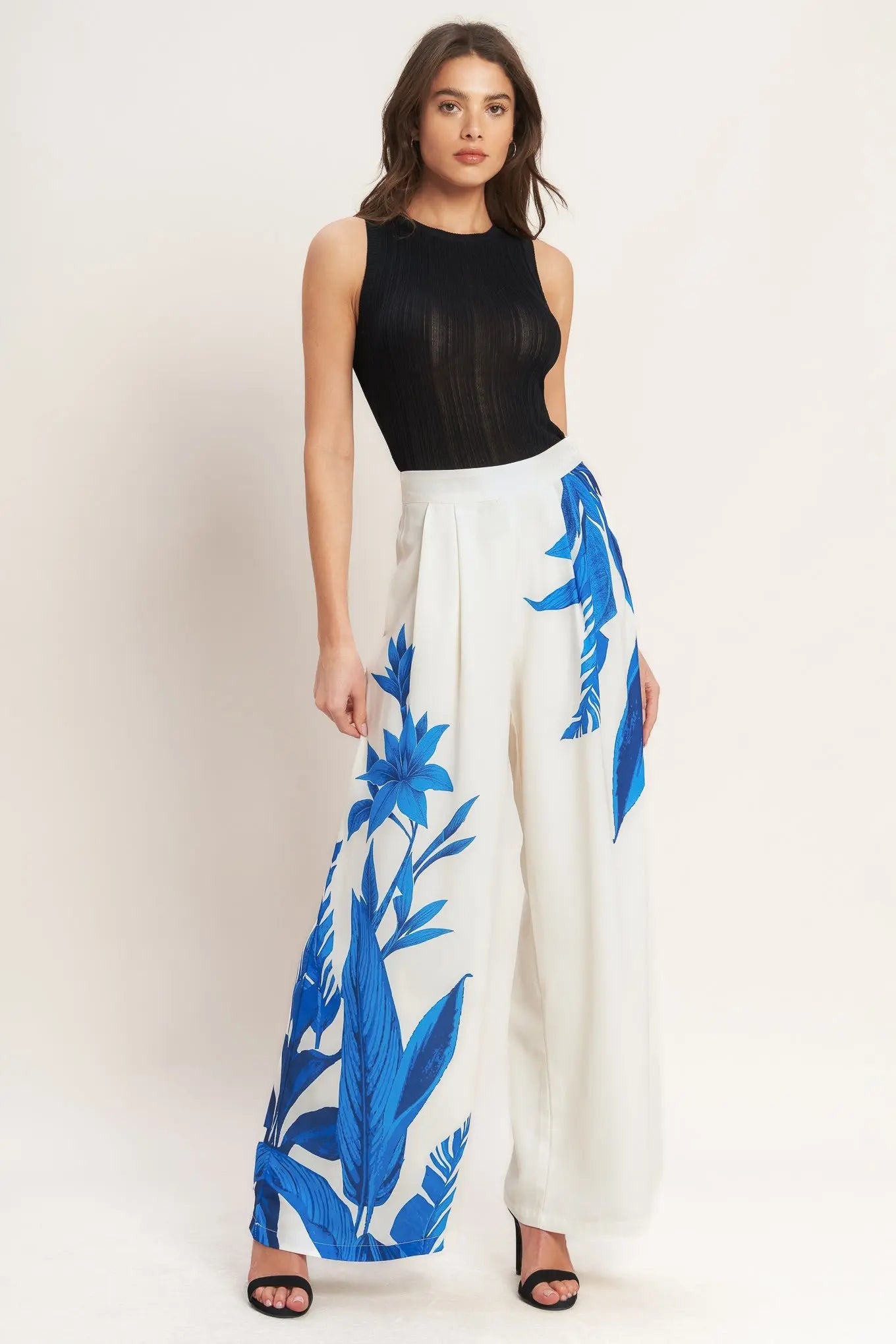 Asymmetrical Botanical Woven Pants With Wide Leg Front Pleat Side Zip Closure Flying Tomato
