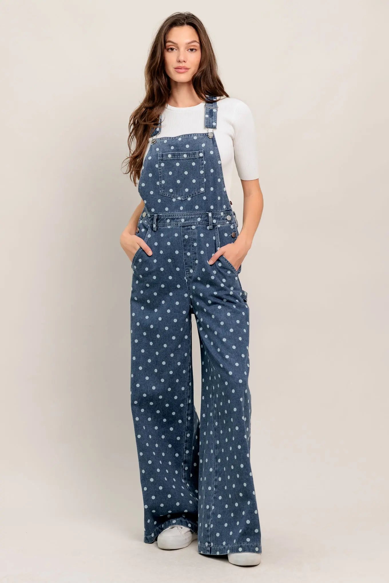 Polka Dot Denim Jumpsuit Overalls With Wide Leg Pockets Flying Tomato