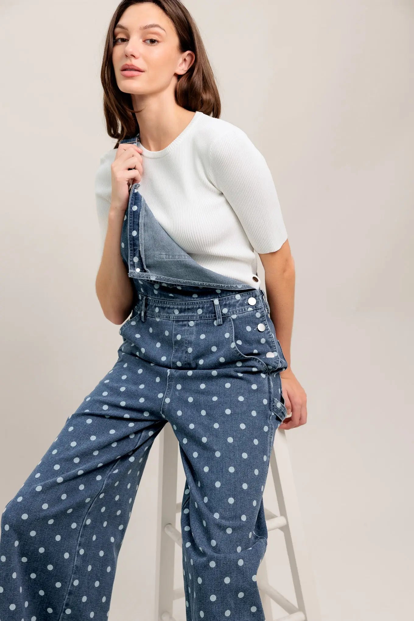 Polka Dot Denim Jumpsuit Overalls With Wide Leg Pockets Flying Tomato