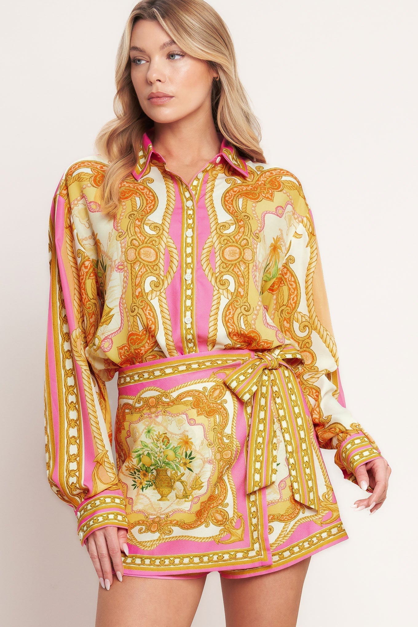 Vintage Heiress Printed Woven Skort With Side Tie And Back Zipper Flying Tomato