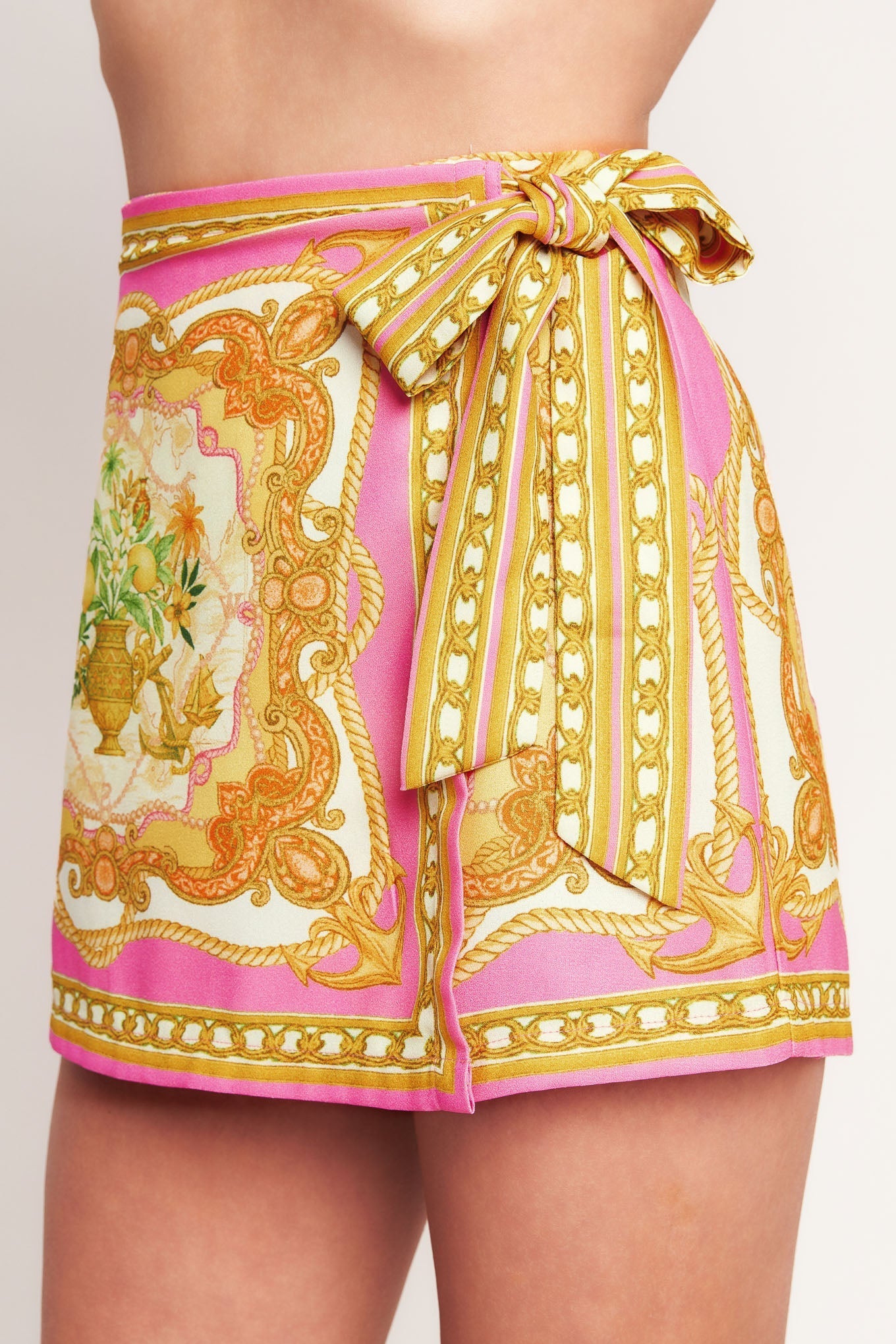 Vintage Heiress Printed Woven Skort With Side Tie And Back Zipper Flying Tomato