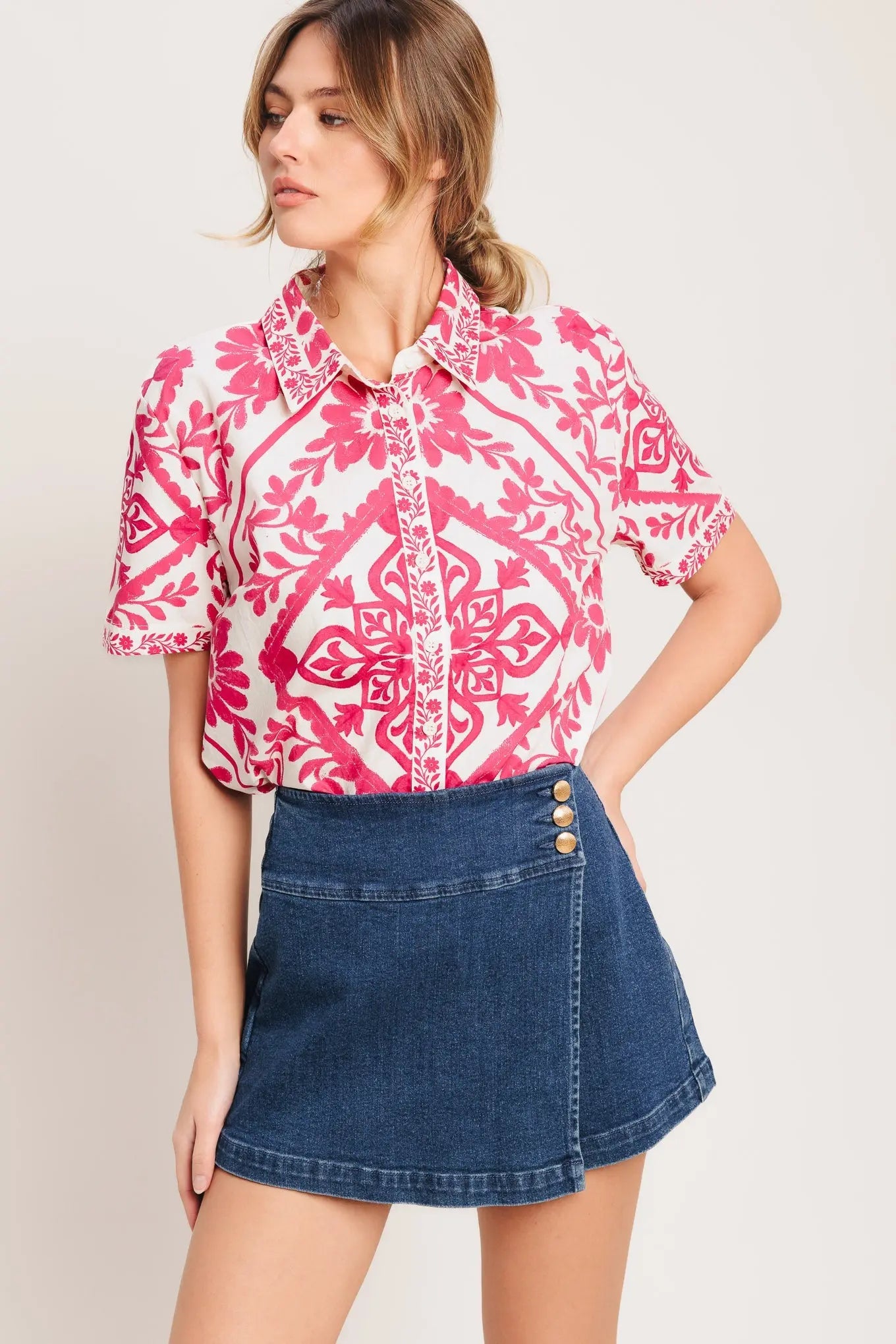 Texture Play Denim Skort With Front Button Detail And Back Zipper Flying Tomato