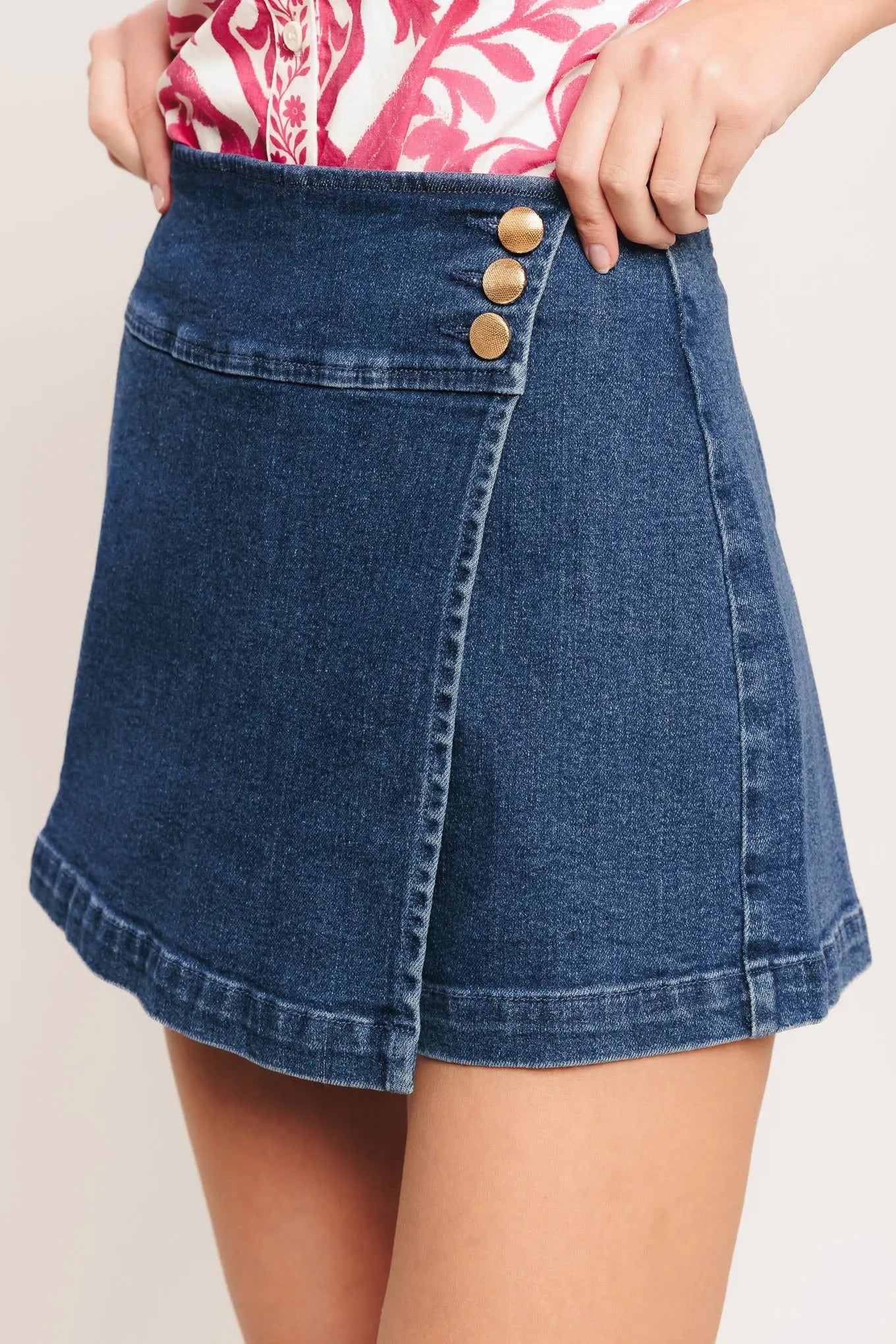 Texture Play Denim Skort With Front Button Detail And Back Zipper Flying Tomato