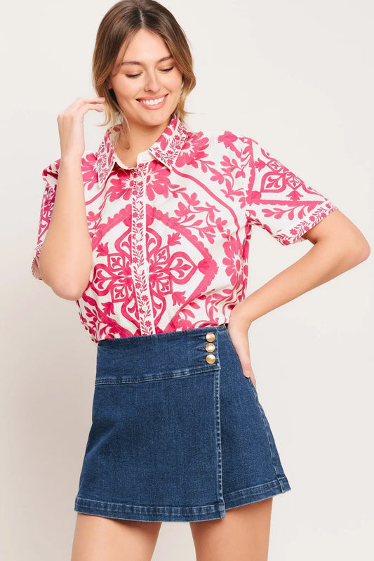 Texture Play Denim Skort With Front Button Detail And Back Zipper Flying Tomato