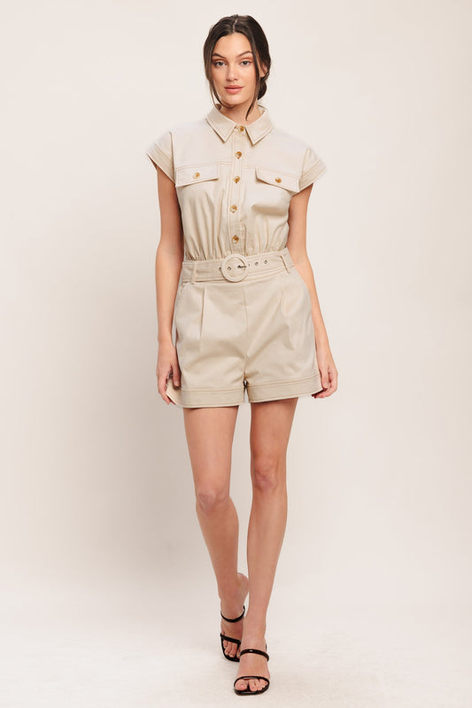 Beige Everyday Utility Woven Romper With Belt Pockets And Short Sleeves Flying Tomato