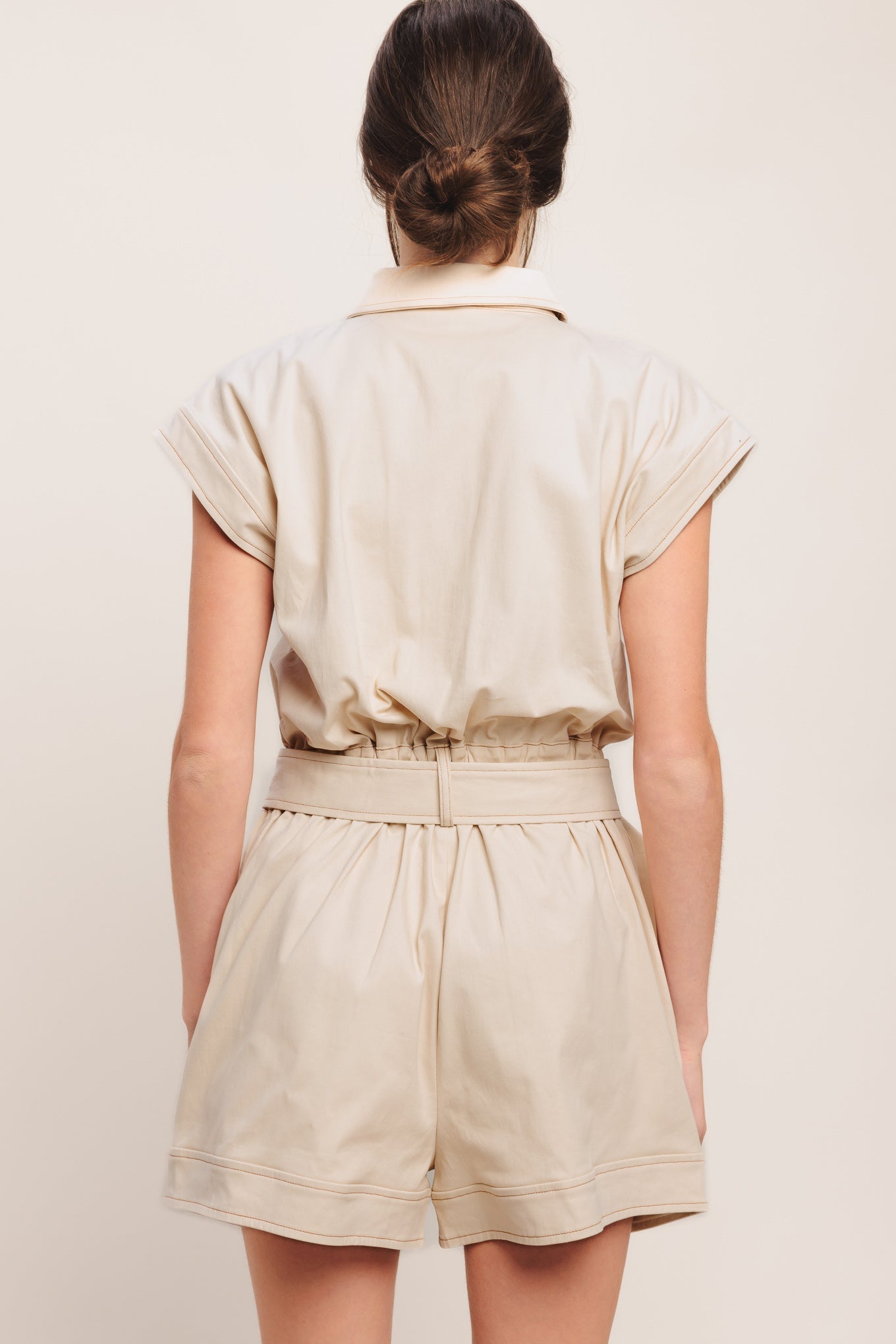 Beige Everyday Utility Woven Romper With Belt Pockets And Short Sleeves Flying Tomato