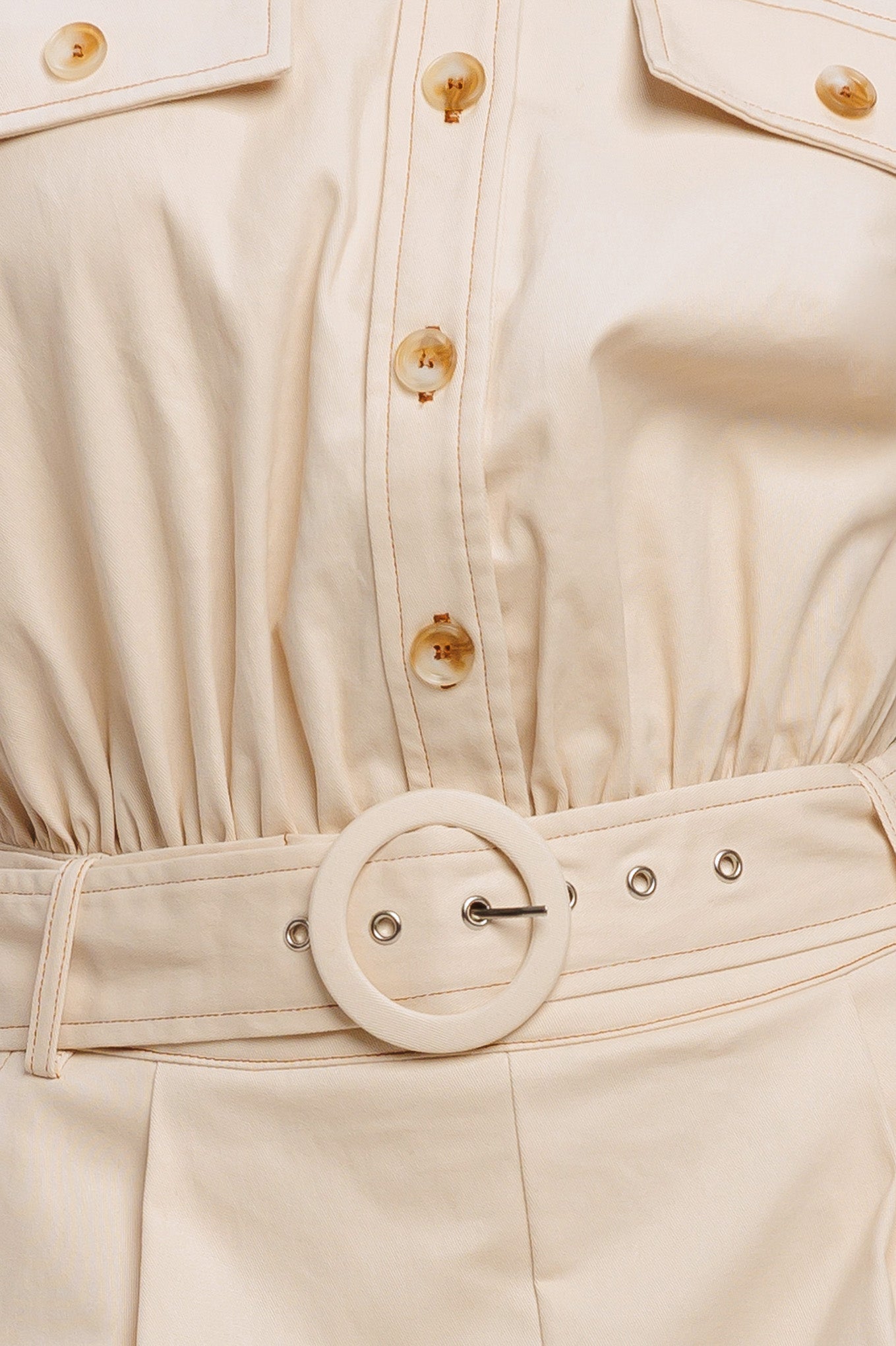 Beige Everyday Utility Woven Romper With Belt Pockets And Short Sleeves Flying Tomato