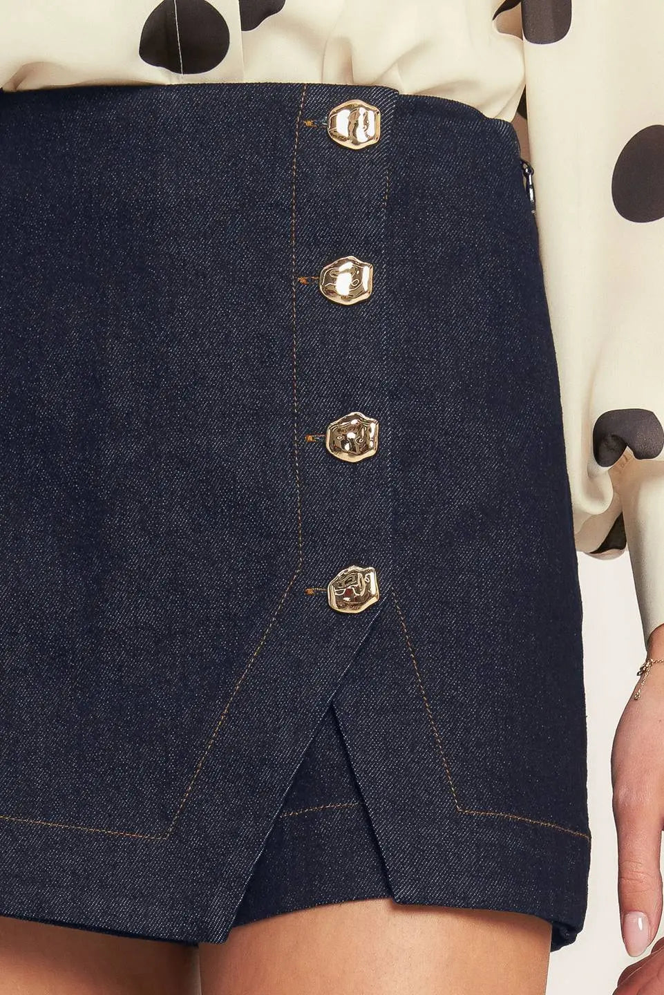 Modern Feminine Denim Skort With Front Button Detail And Side Zipper Flying Tomato