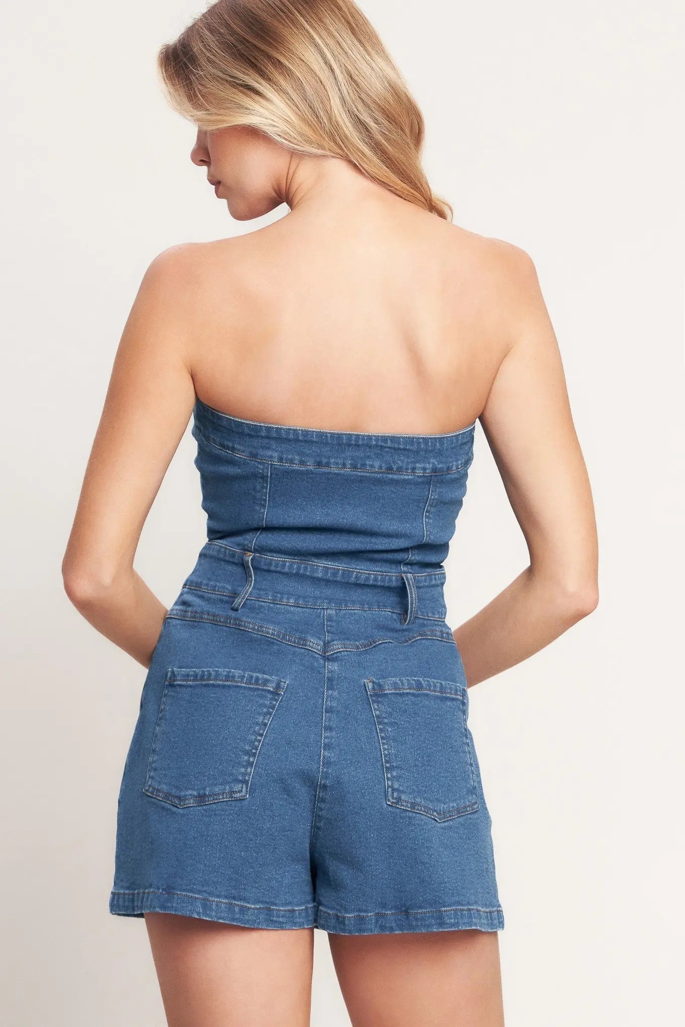 Weekend Crush Denim Strapless Romper With Front Button Closure Pockets Flying Tomato