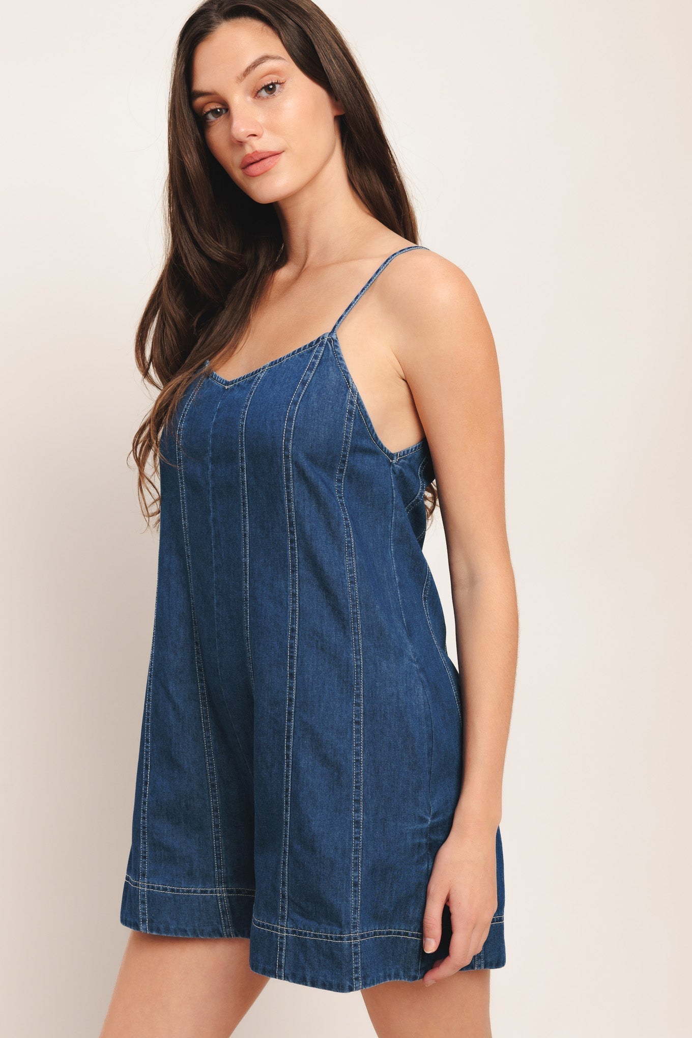 Frontier Flirt Lightweight Denim Romper With Back Tie And Pockets Flying Tomato
