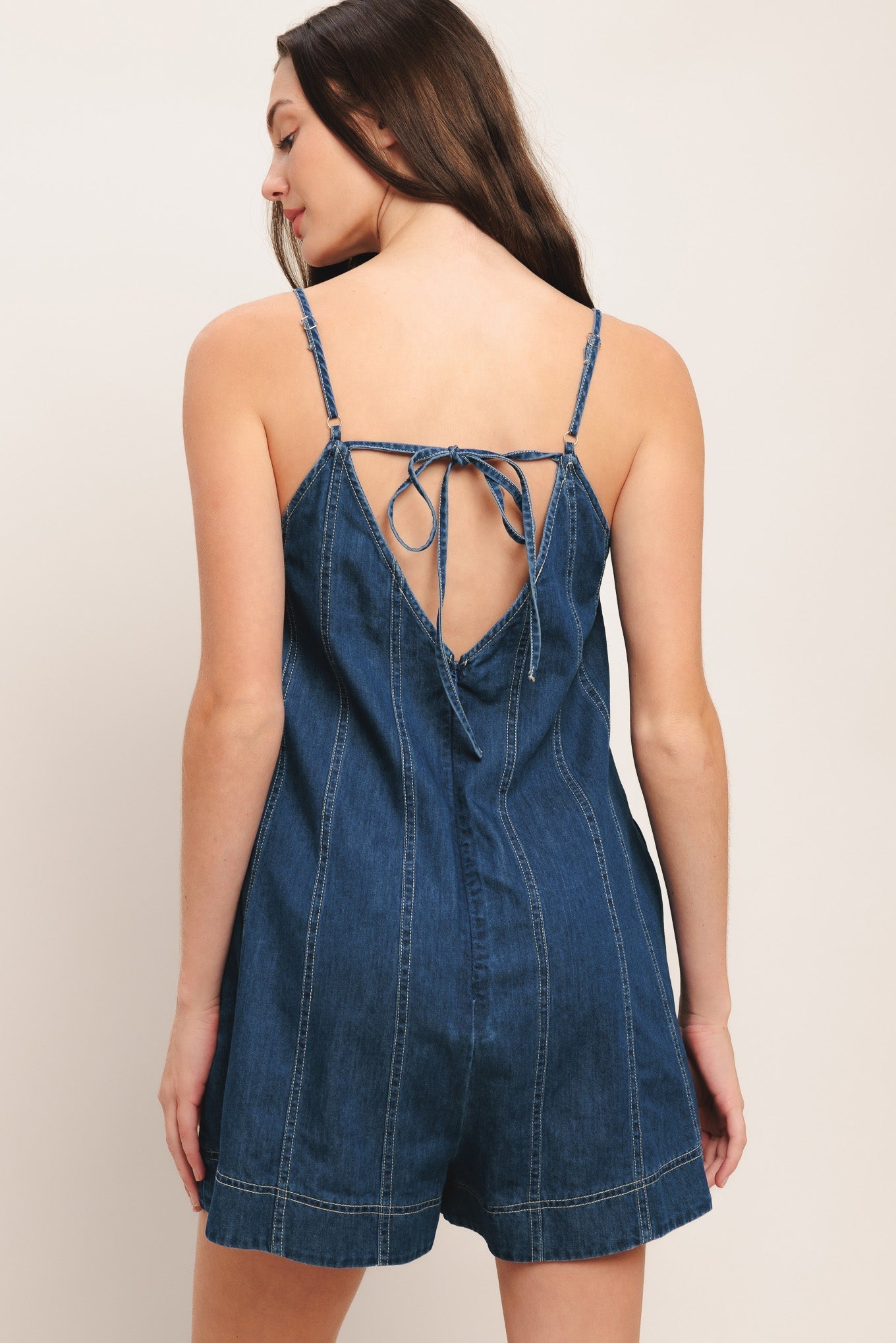 Frontier Flirt Lightweight Denim Romper With Back Tie And Pockets Flying Tomato