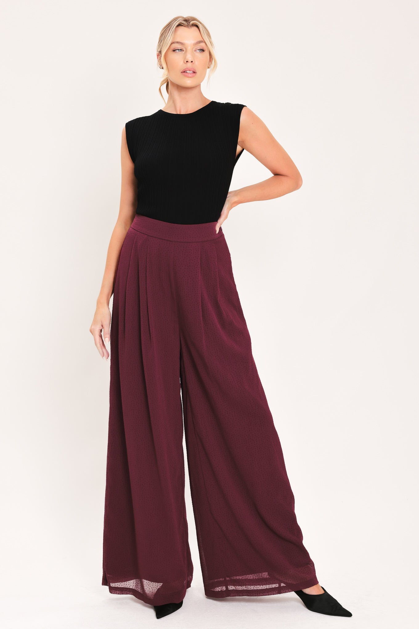 Burgundy Sheer Woven Wide Leg Pants High Waist Side Zipper