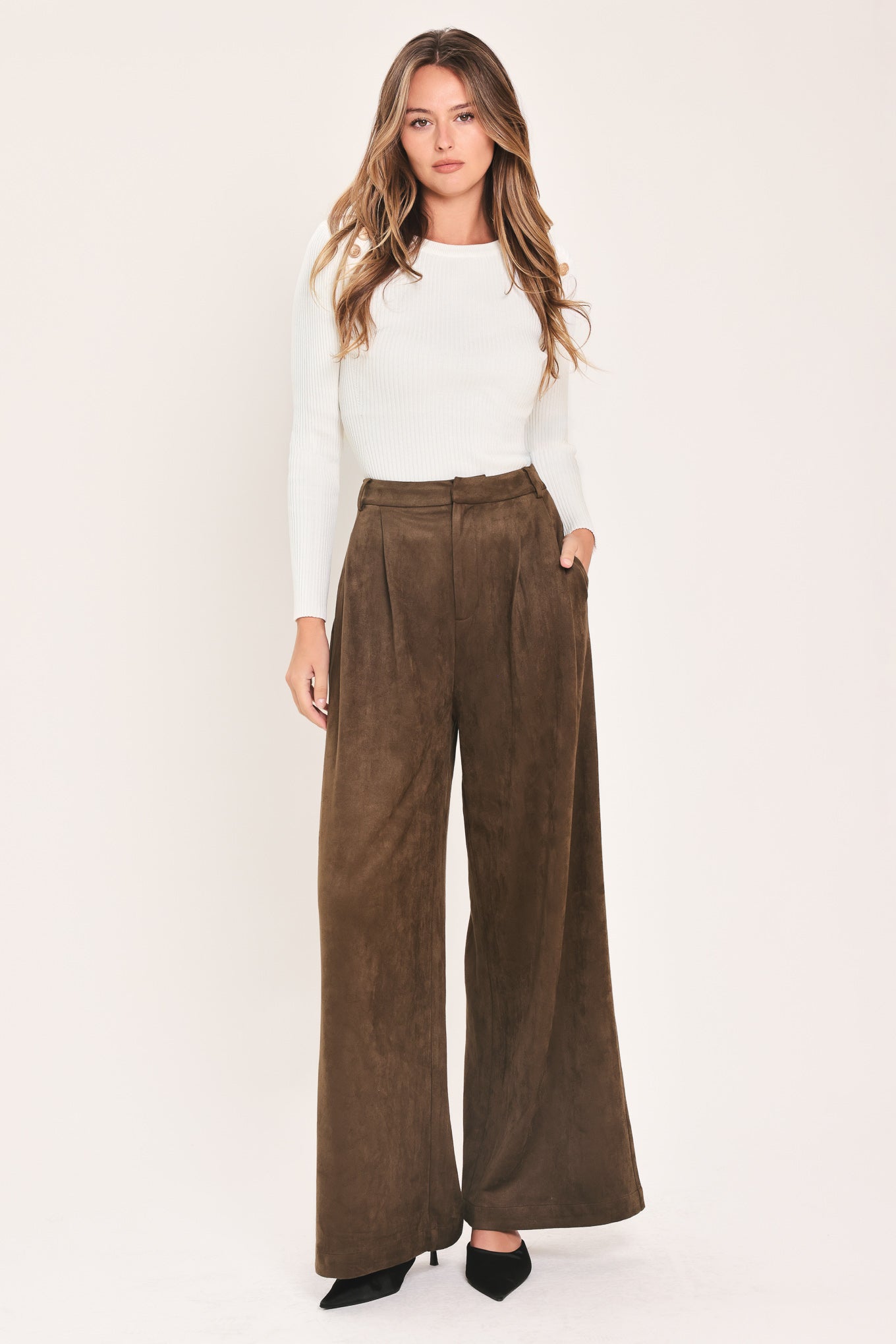 Desert Luxe Brown Faux Suede High Waisted Wide Leg Pants