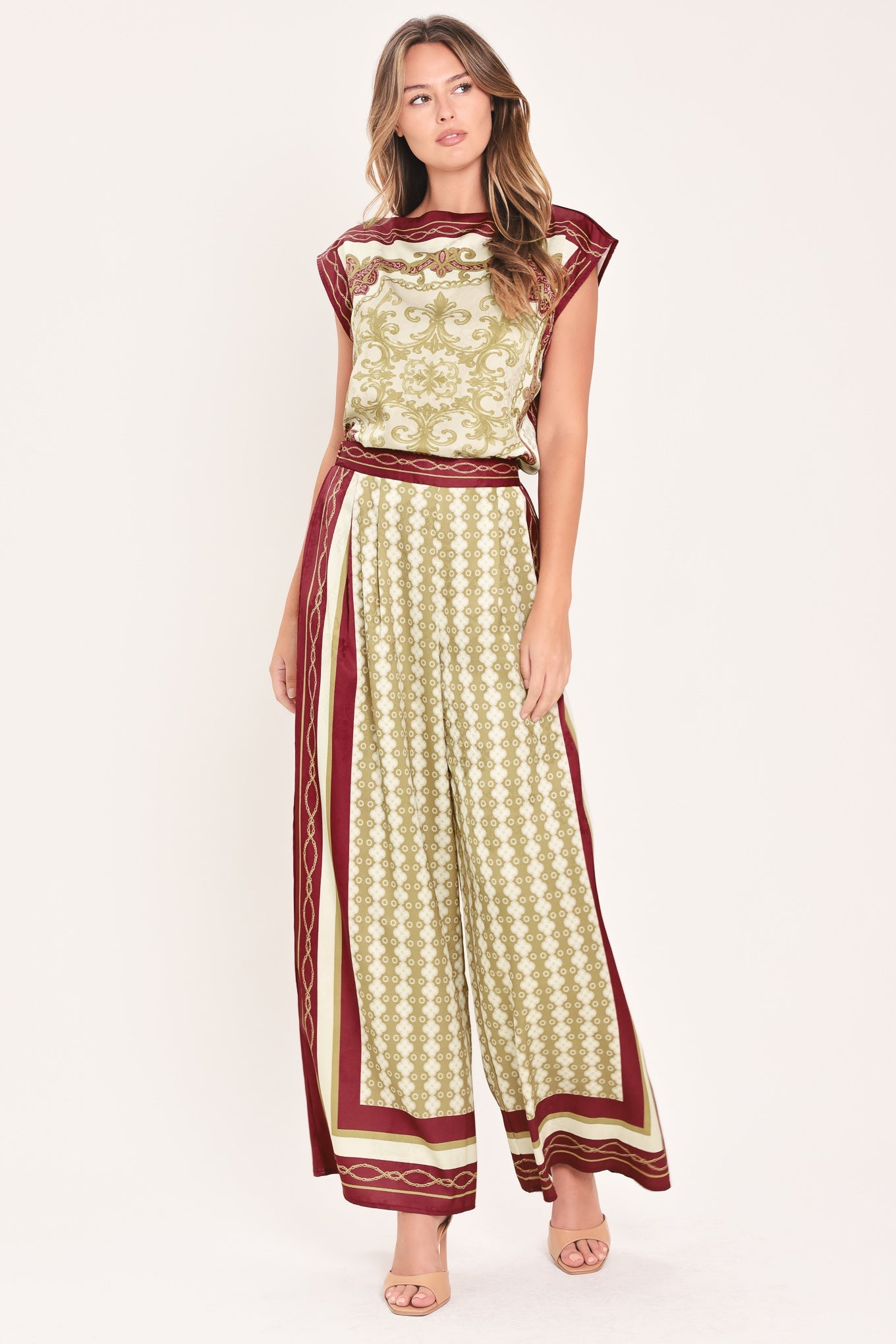 Vintage Geometric Print Wide Leg Pants With Burgundy Side Panels