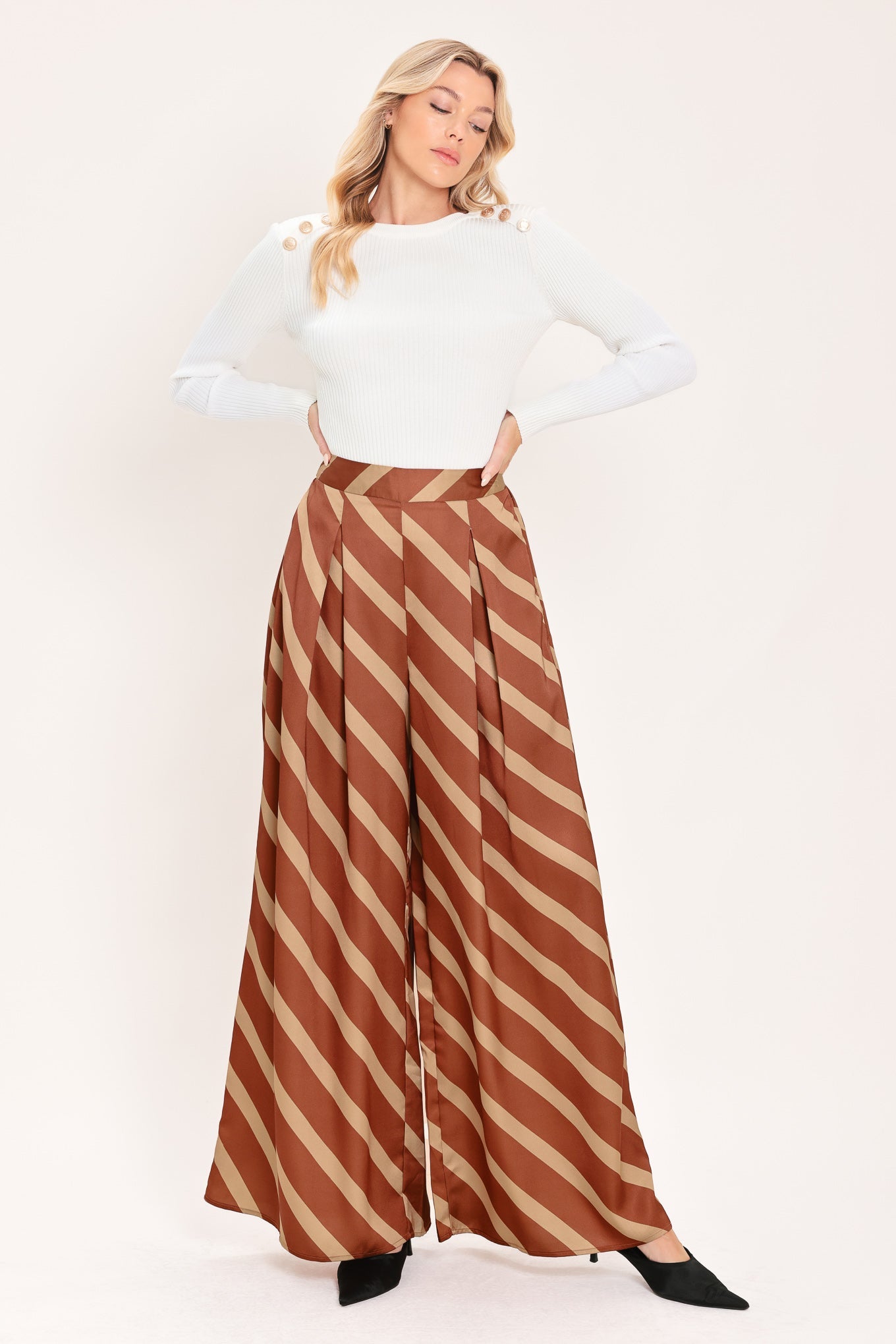 Rust And Beige Diagonal Stripe Wide Leg Woven Pants For Women