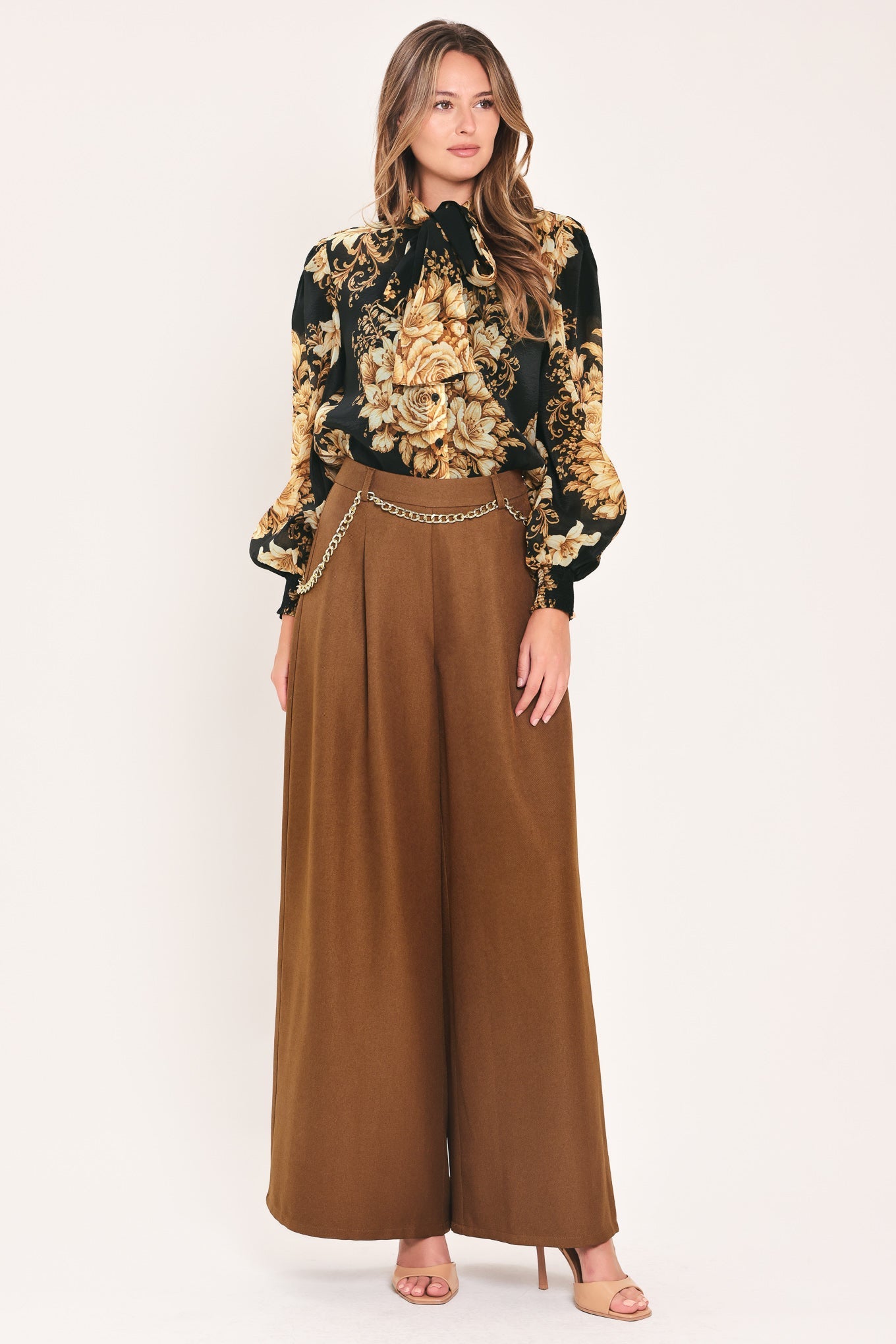 Uptown Moment Brown High Waist Wide Leg Pants With Gold Chain Belt