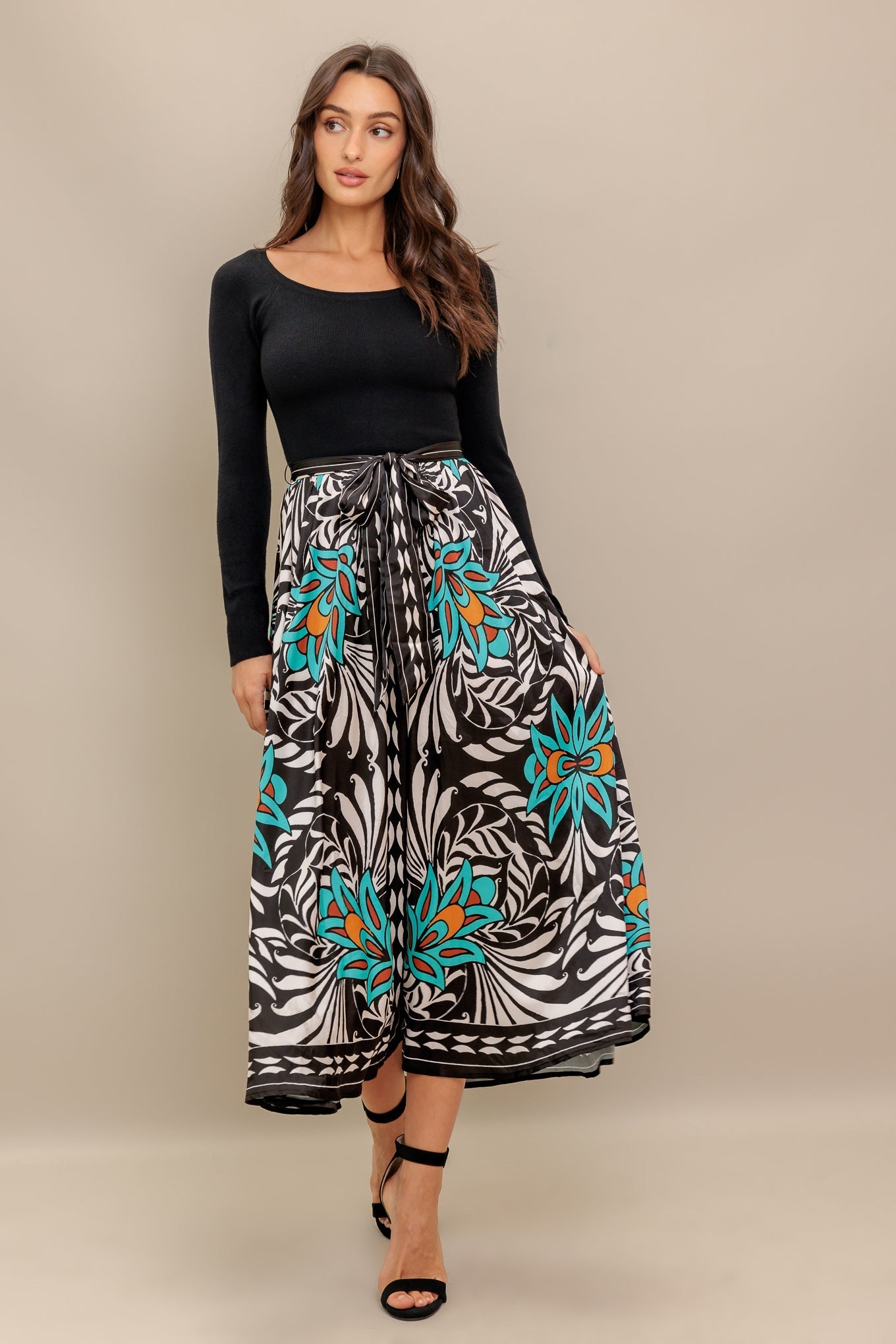 SUNBURST GARDEN BLACK MIDI DRESS Flying Tomato