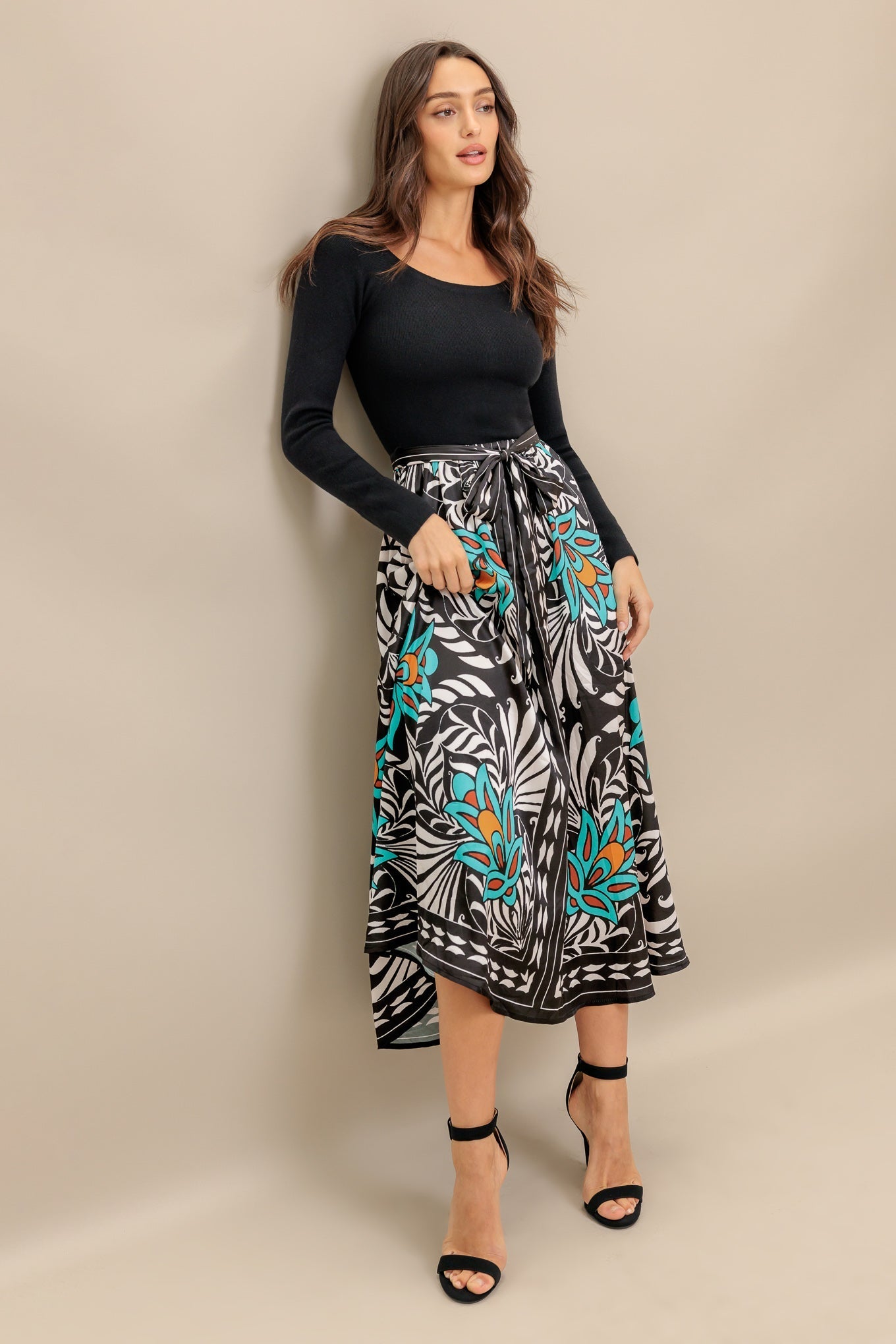SUNBURST GARDEN BLACK MIDI DRESS Flying Tomato